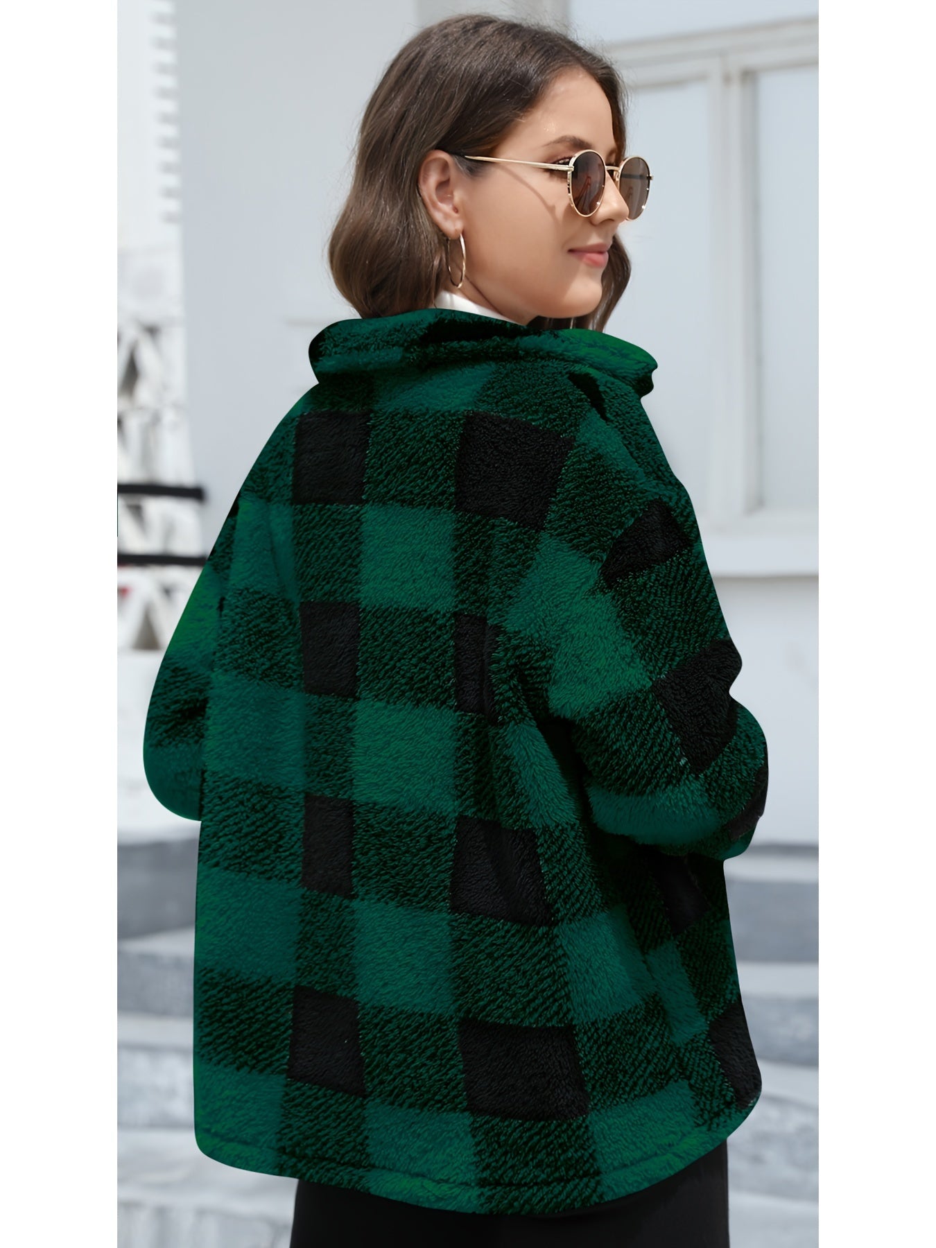 Long Sleeve Plaid Print Teddy Coat with Patched Pockets - Soft, Warm,