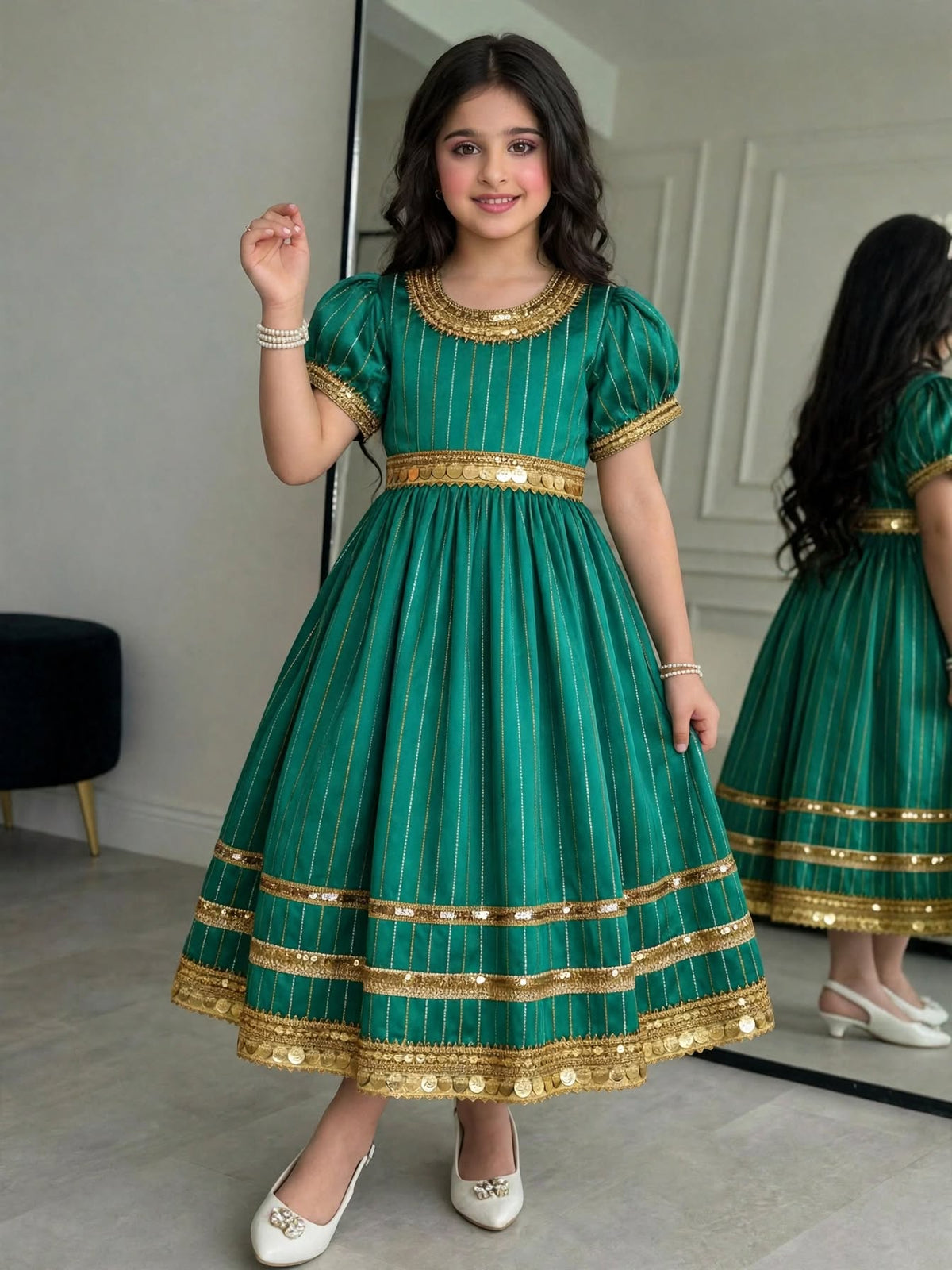 Omani Heritage Girls' Emerald Green Silk Dress - Golden Zari Work (Ages 4)
