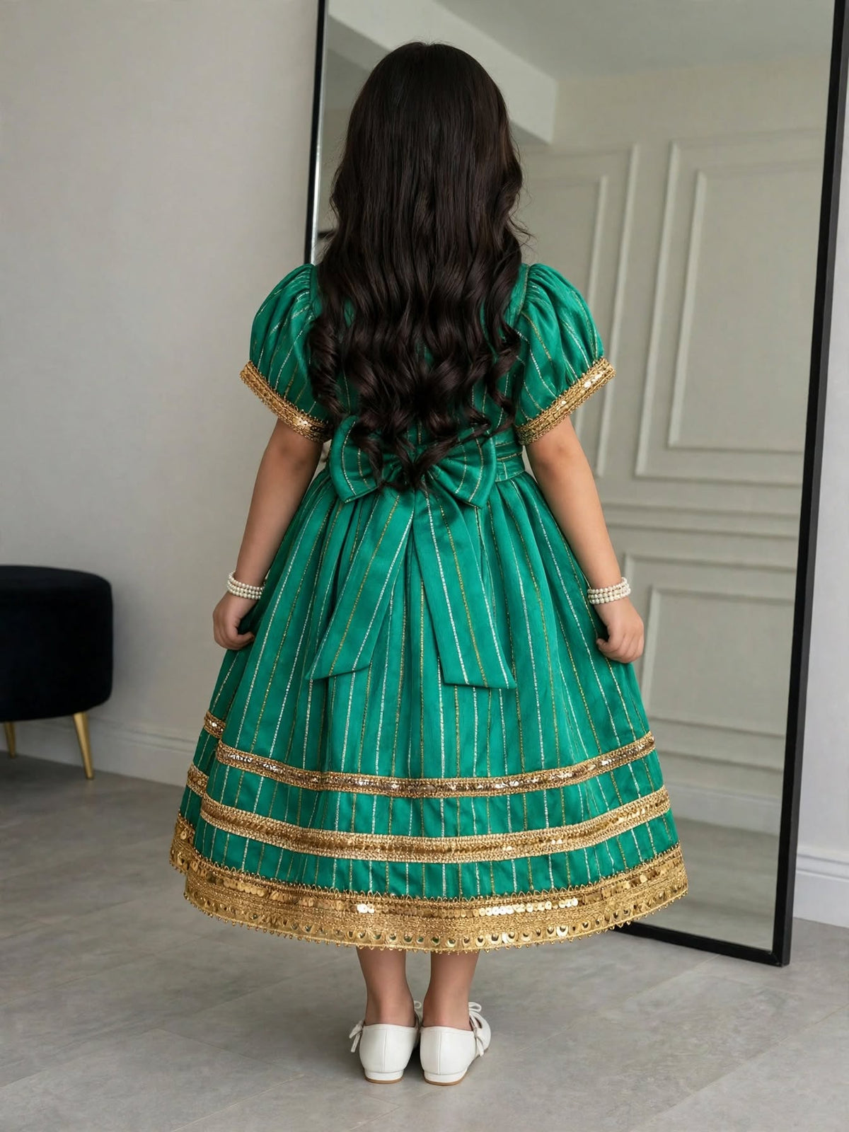 Omani Heritage Girls' Emerald Green Silk Dress - Golden Zari Work (Ages 4)