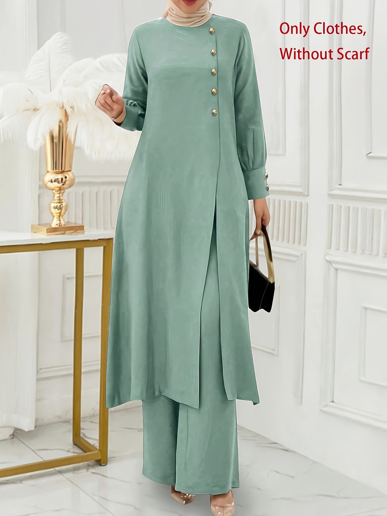 Solid Color Button Design Long Sleeve Top and Pants Set, Arabic Style,/MH