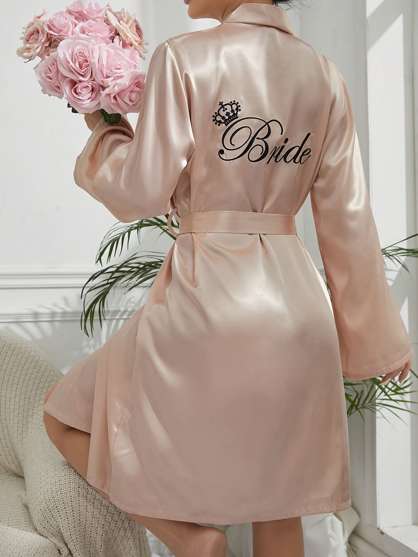 Elegant White Satin Robe for Women with Golden "BRIDE" Embroidery - V-Neck