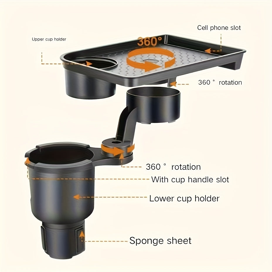 Multifunctional Car Cup Holder Tray with Dual Slots & Storage Compartments