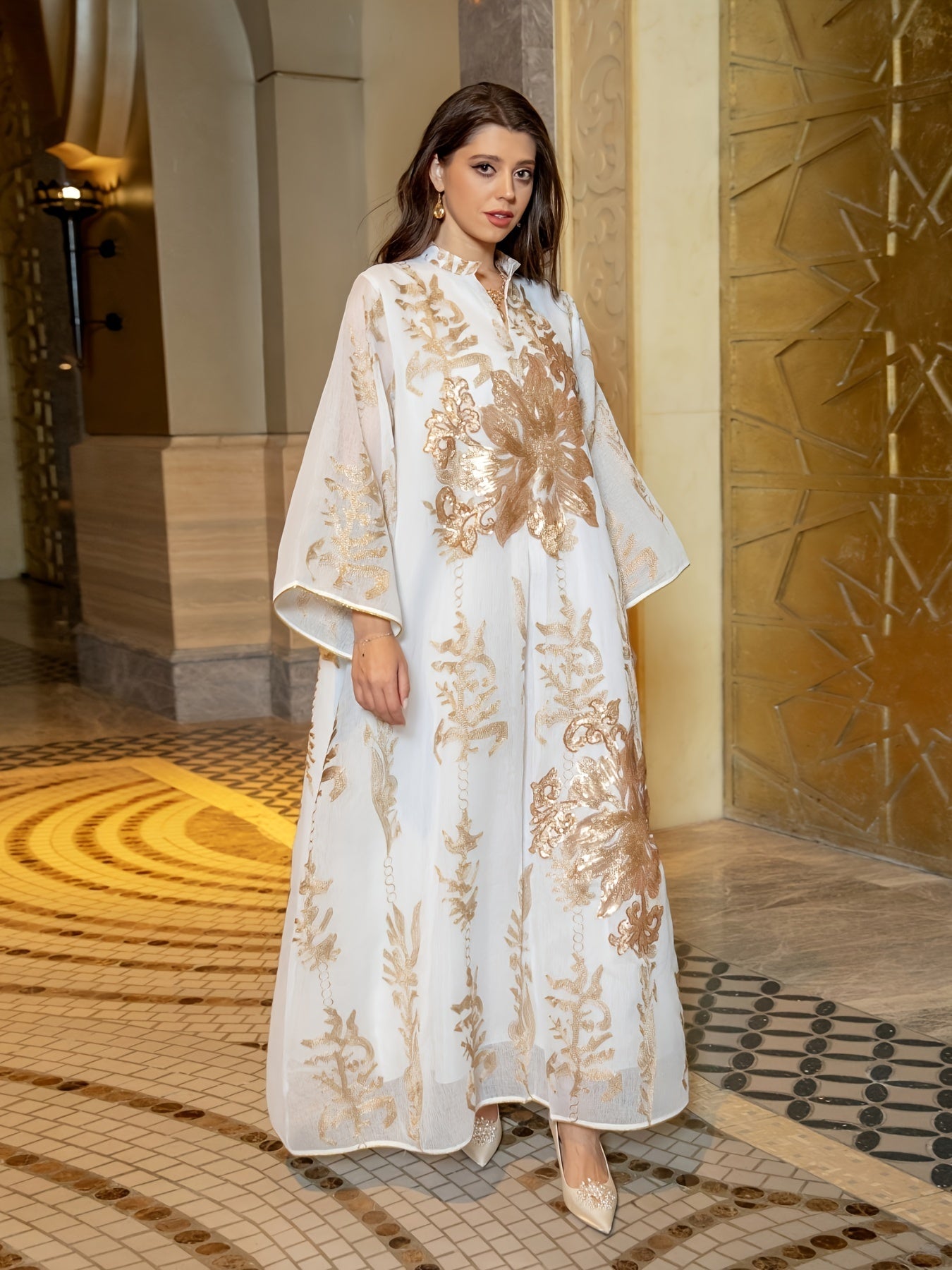 Ramadan Floral Pattern Notched Neck Kaftan Abayas, /MH