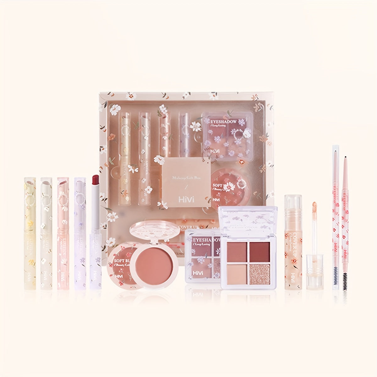 8pcs Flower Language Makeup Gift Box, Velvet Lip Gloss Lipstick Blush Powder Eyeliner Pen Eyeshadow Palette Cosmetics Set, Ideal Gift For Mother's Day Makeup Set