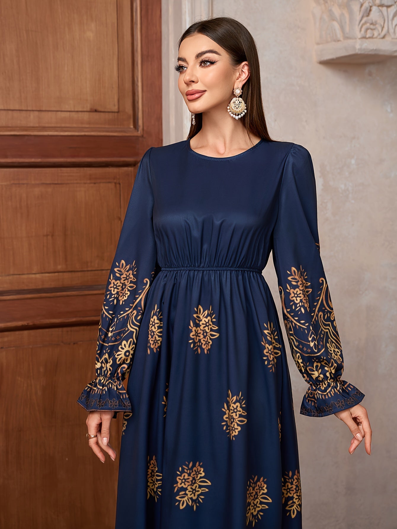 Floral Print Crew Neck Kaftan Dress, Elegant Long Sleeve 'MH