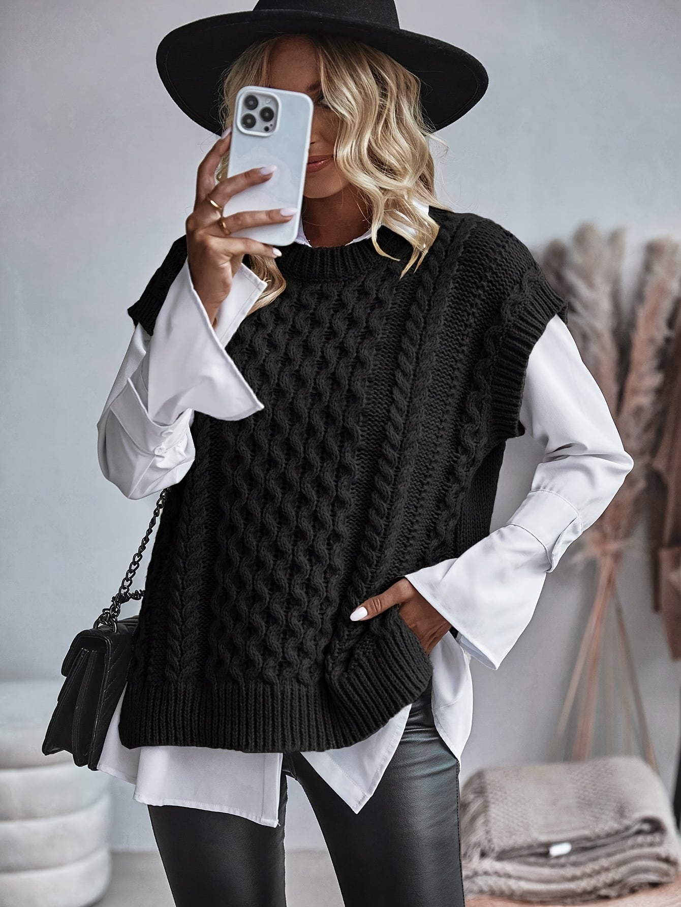 Casual Knitted Vest Top, Round Neck Sweater Hooded Vest,