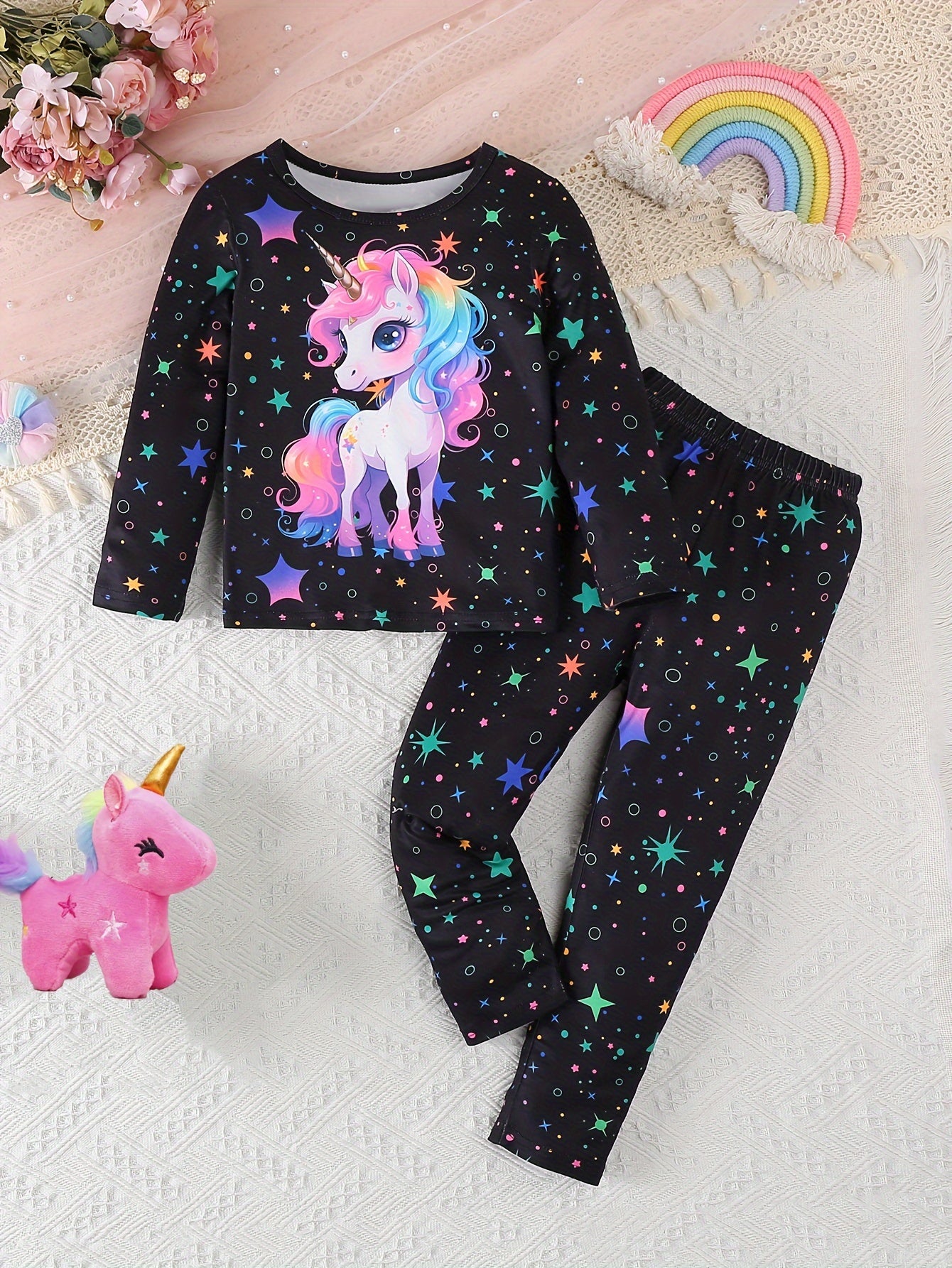 Girl'S 2pcs Starry Night Pajama Set with Long Sleeve.