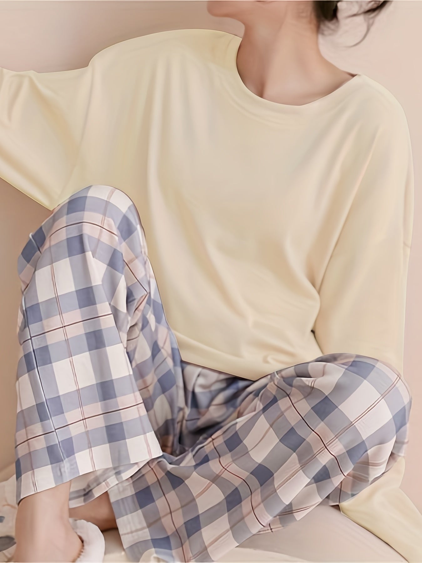 Plaid Print Crew Neck Pajamas Set,