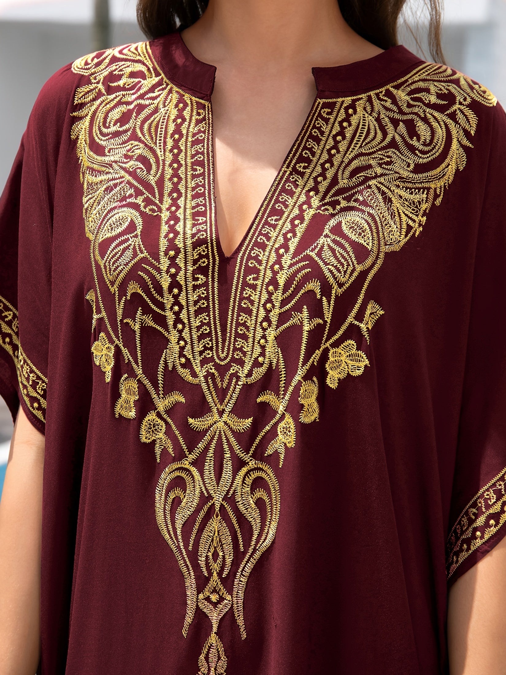 EDOLYNSA Plus Size Embroidered V-Neck Kaftan Dress, /MH