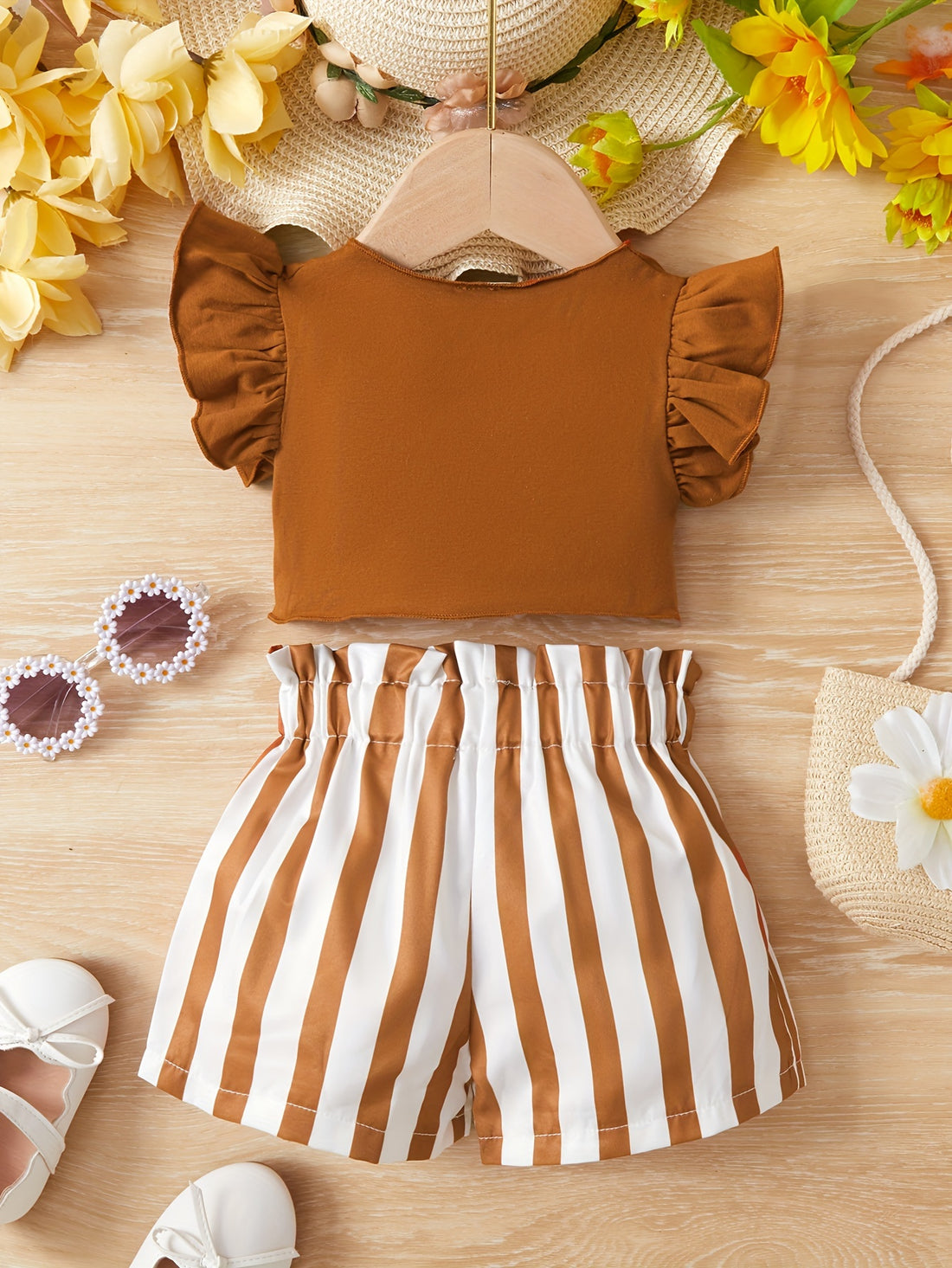 2pcs Baby Girls Solid Twist Fly Sleeve Cotton Top + Striped Bow Shorts Set