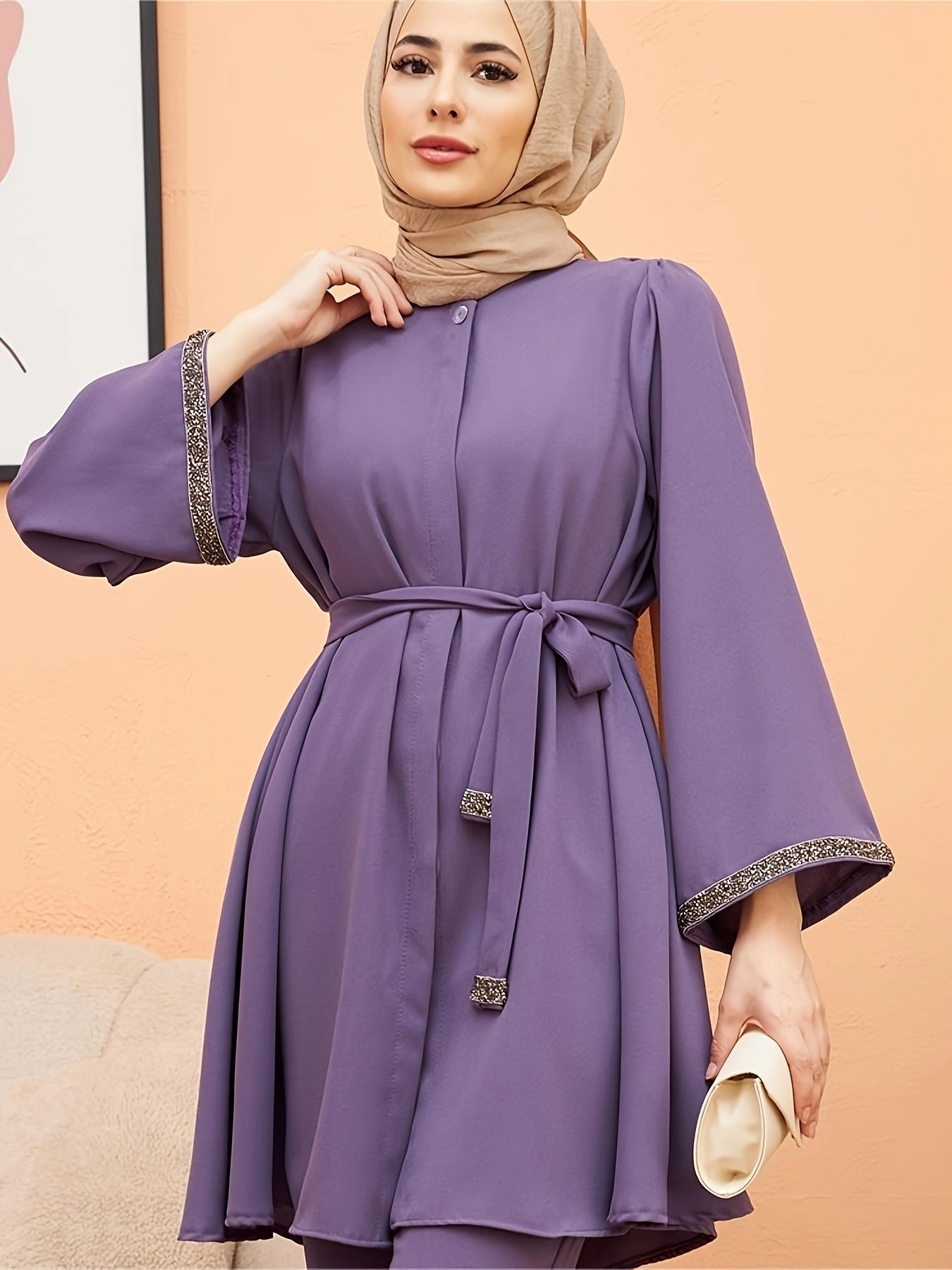 Contrast Trim Belted Button Front Kaftan Shirt, /MH
