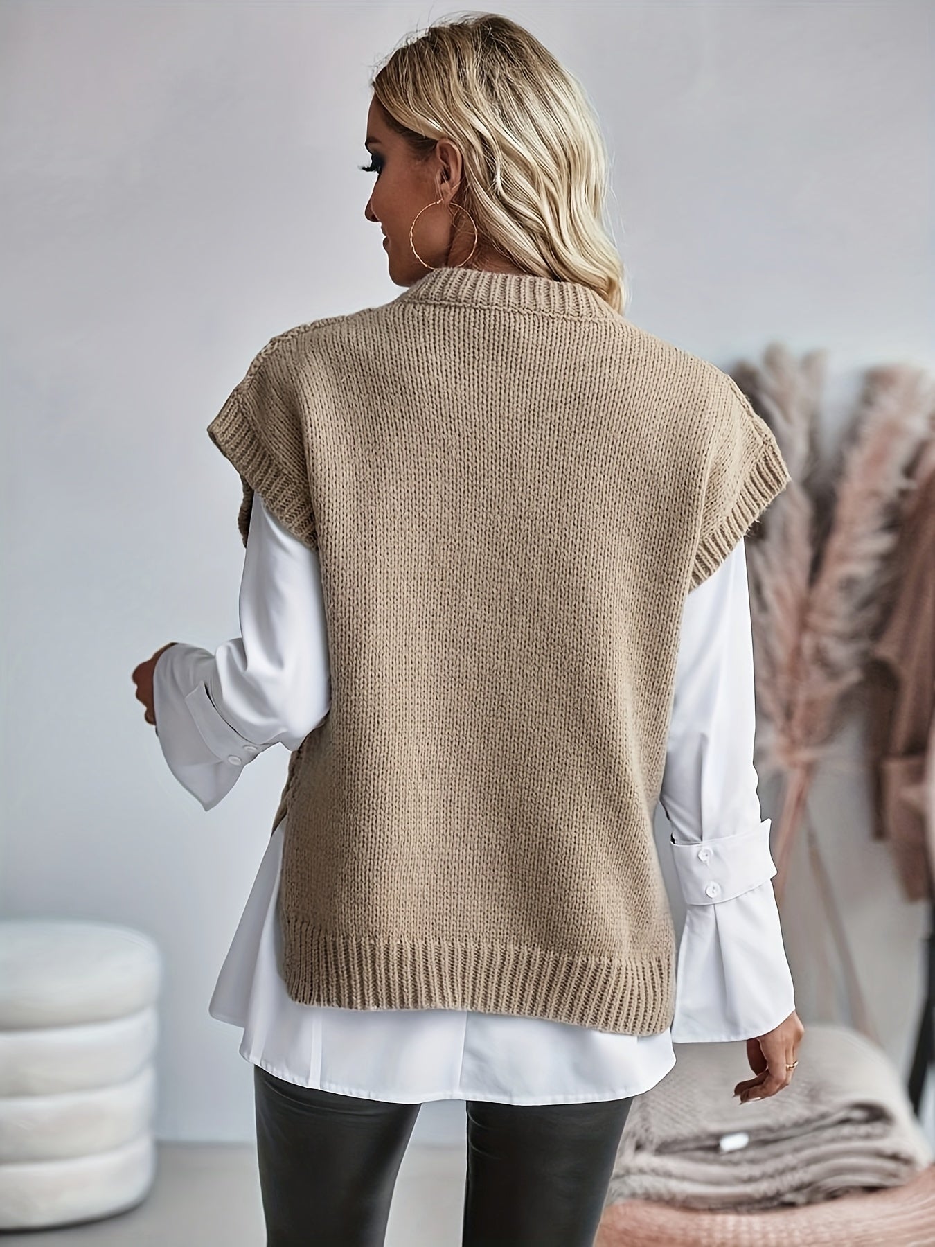 Casual Knitted Vest Top, Round Neck Sweater Hooded Vest,