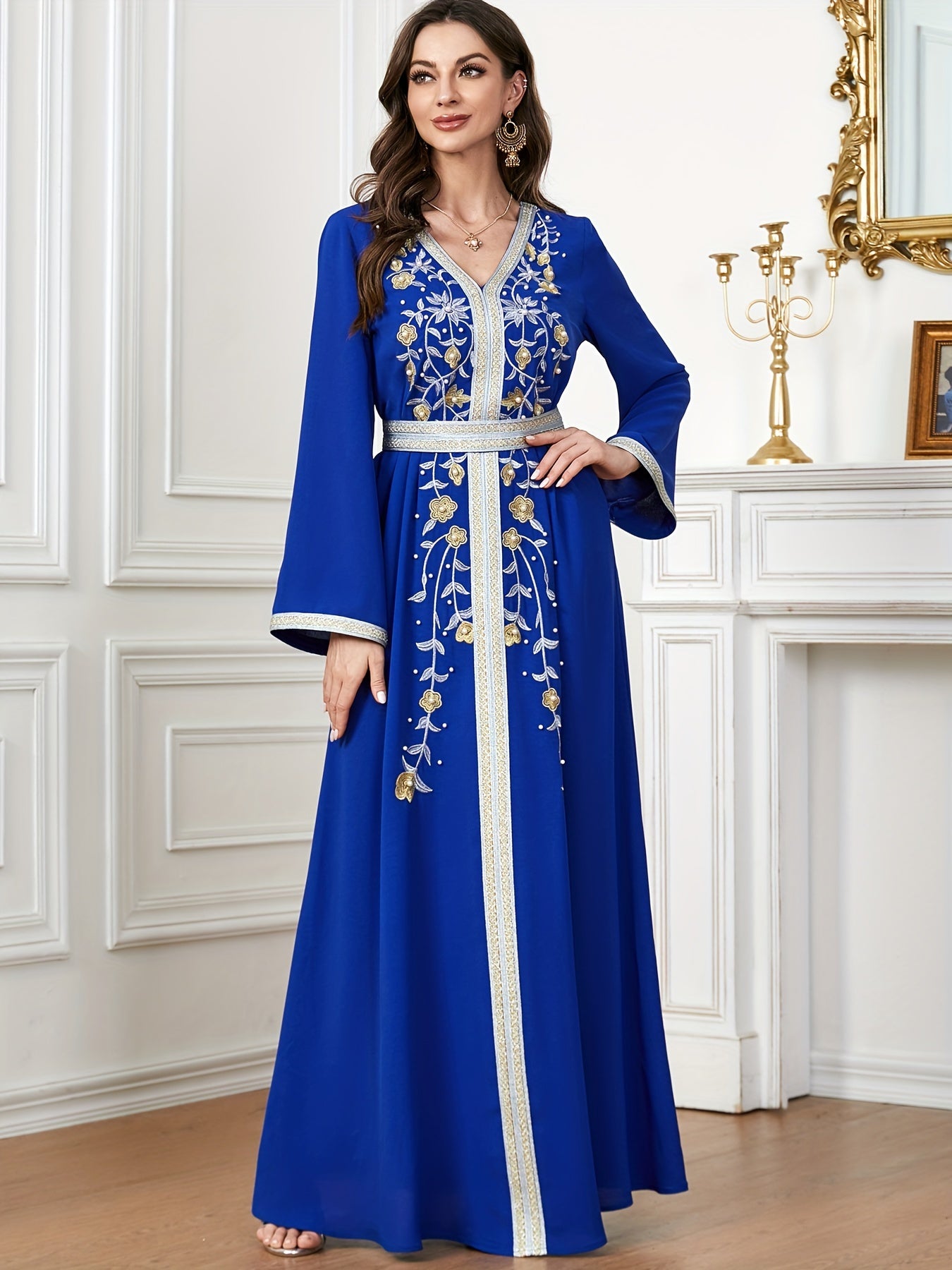 Ramadan Beaded Floral Pattern Kaftan, Elegant Long Sleeve 'MH