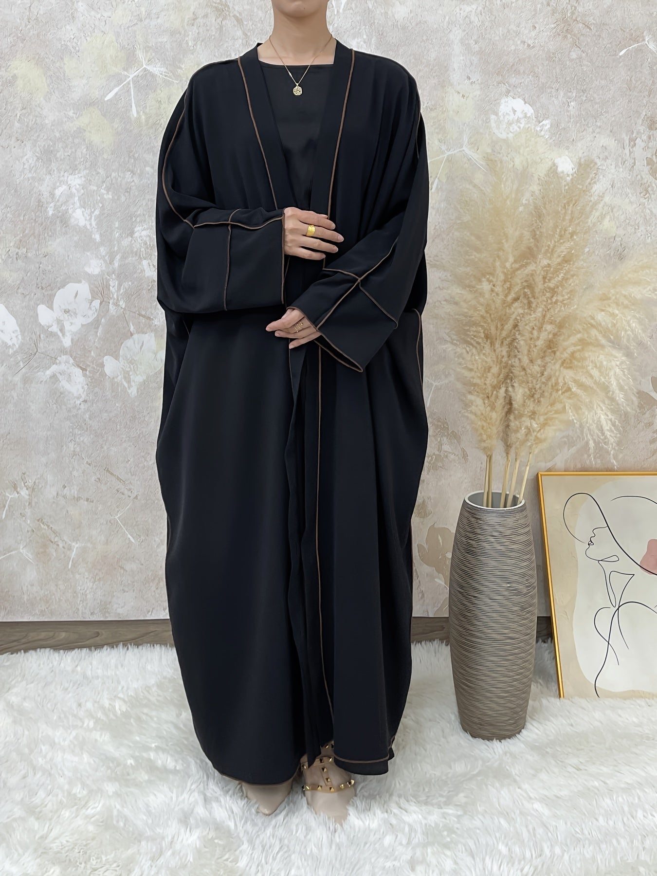 Elegant Contrast Trim Two-piece Set, Open Fron& Khimar Hijab,/MH