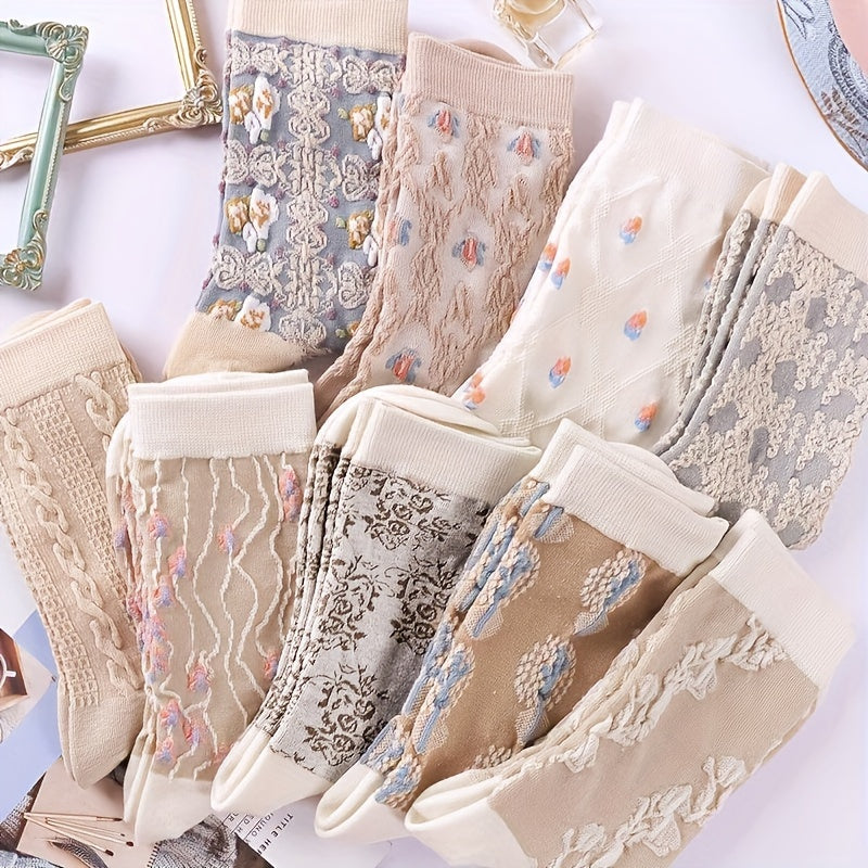 9 Pairs Floral Pattern Socks, Comfy & Breathable Mid Tube Socks, Women's./MH
