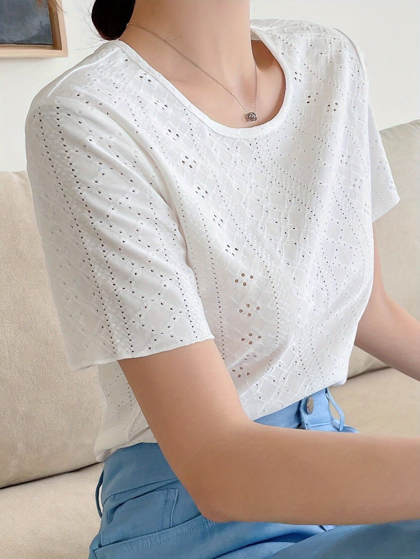 Eyelet Embroidery T-Shirt, Short Sleeve Crew Neck Summer Casual Top, Women's Clothing