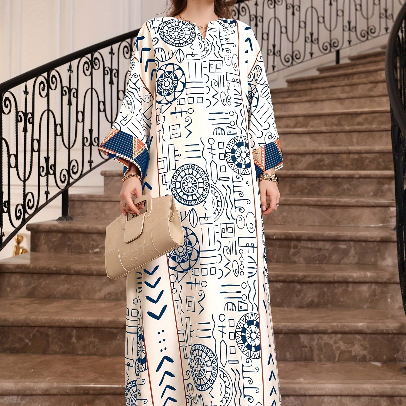 Allover Print Long Sleeve Kaftan Dress, /MH