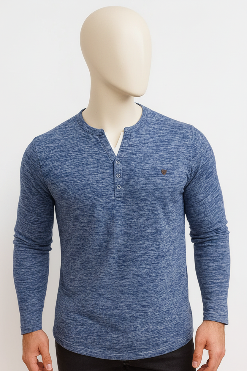 Blue Melange Henley T-Shirt Zoomed