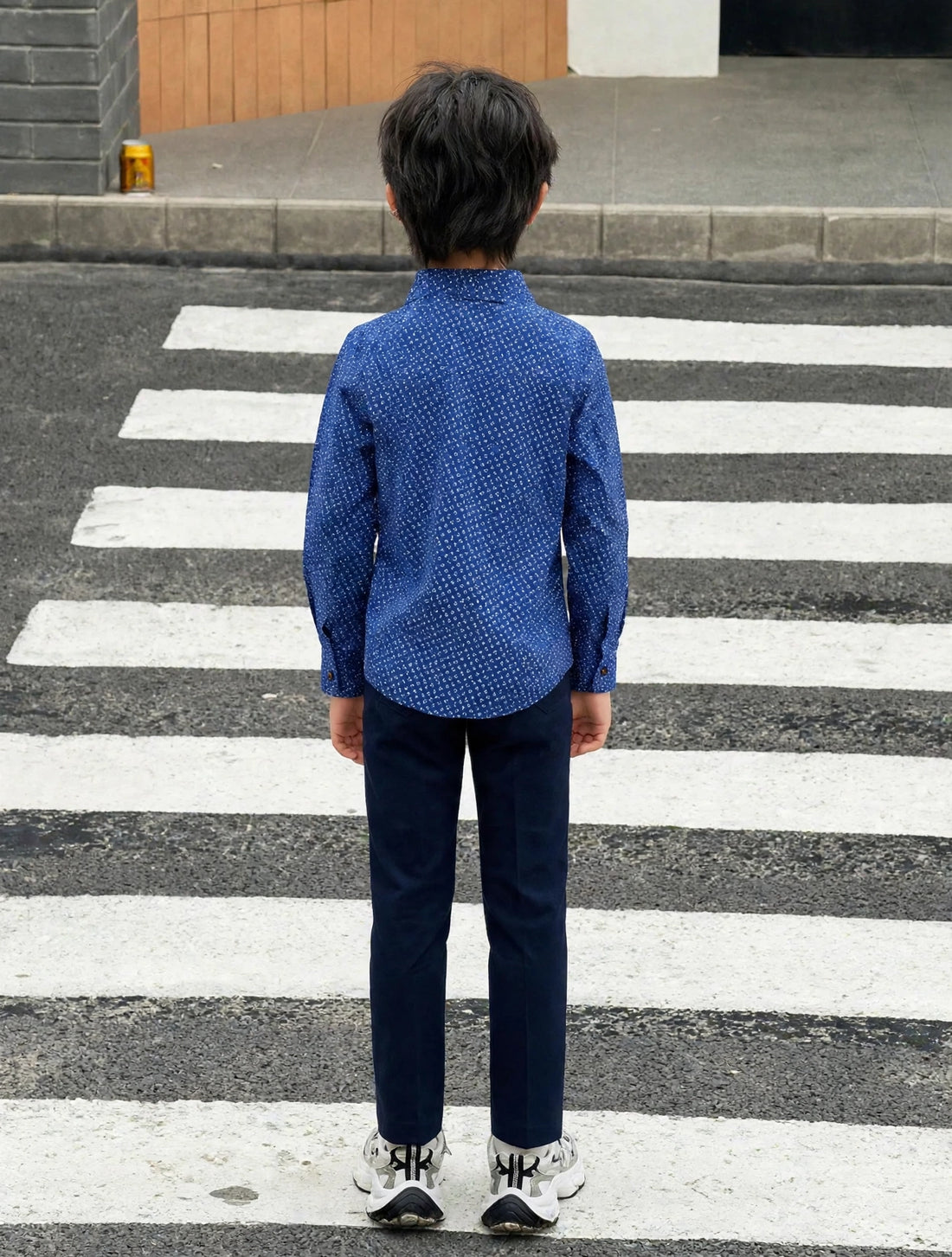 Boys’ Blue Red Trim Long Sleeve Shirt Button Up Dotted Print | Sizes 2-12 Years | MH