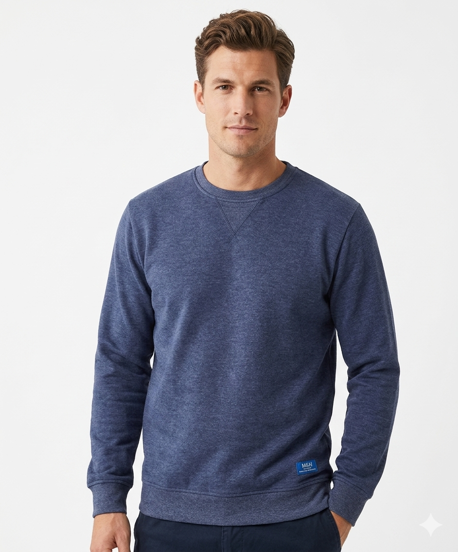 Men’s Classic Navy Blue Crewneck Sweatshirt – Premium Cotton Fleece Pullover | Sizes S-XL | MH