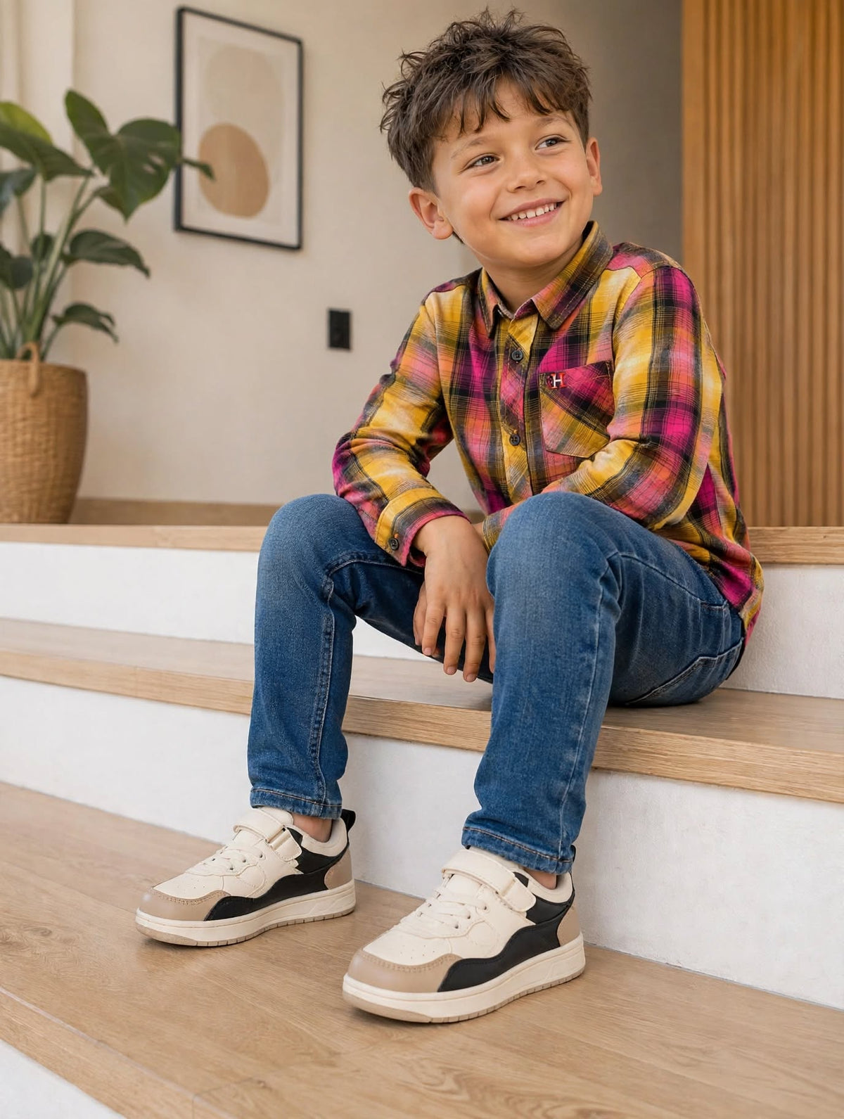 Boys Colorful Plaid Shirt Long Sleeve Collar Pocket Check Pattern | Sizes 2-12Years | MH