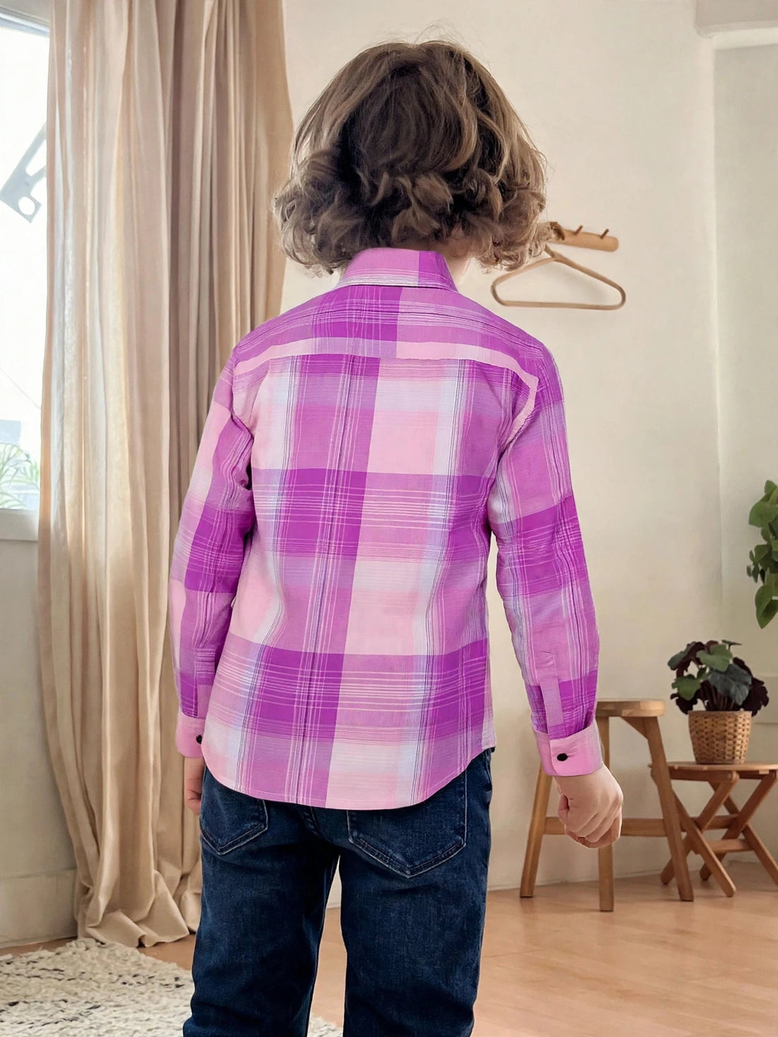Boys’ Pink Purple Checkered Shirt Long Sleeve Plaid Button Up | Sizes 2-12Years | MH
