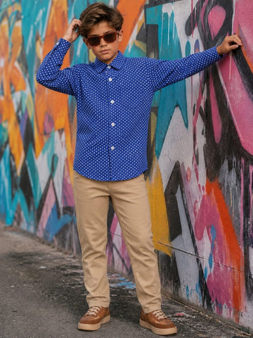 Boys Blue Star Print Cotton Button-Up Shirt - model