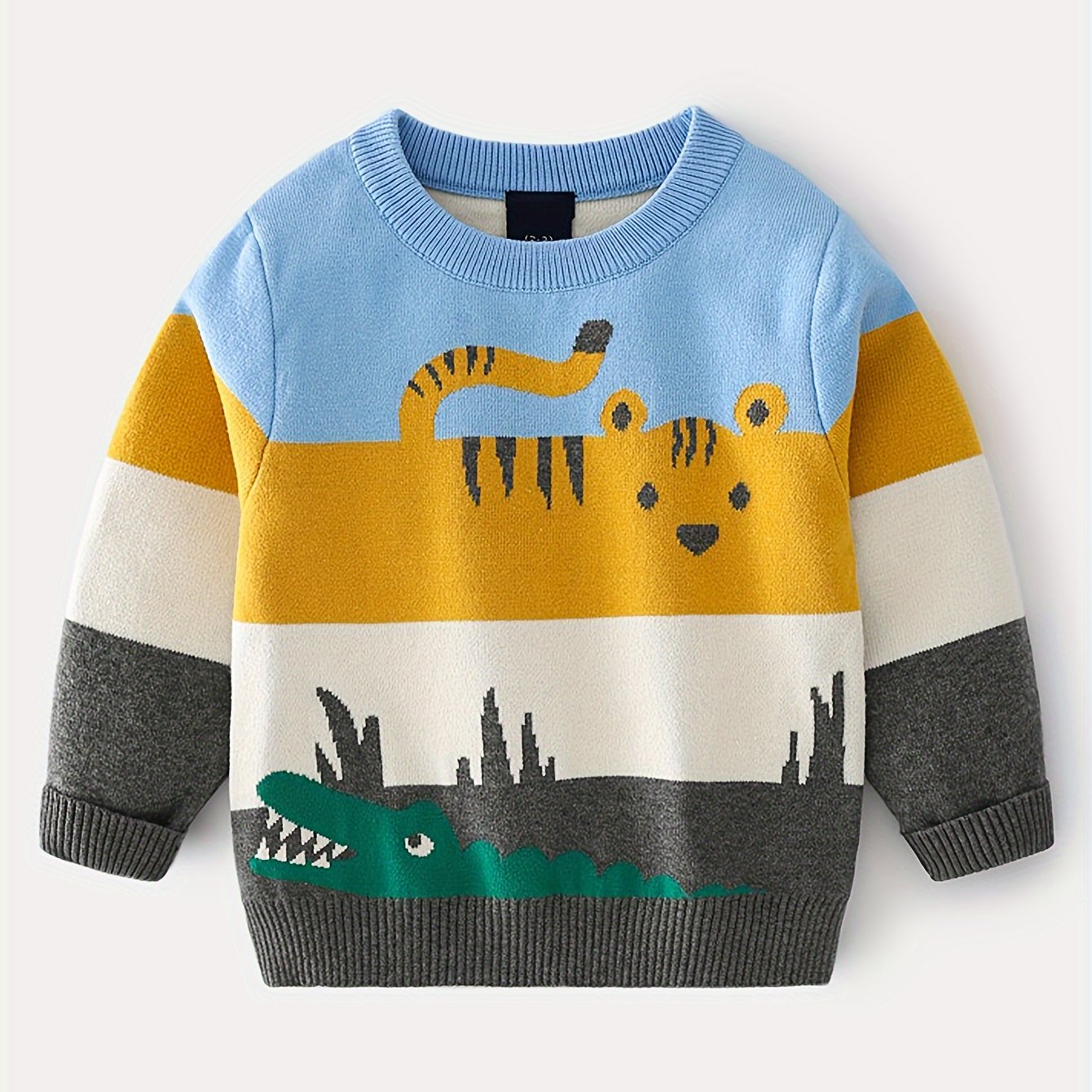 Boys Color Block Cartoon Tiger And Crocodile Pattern Sweater