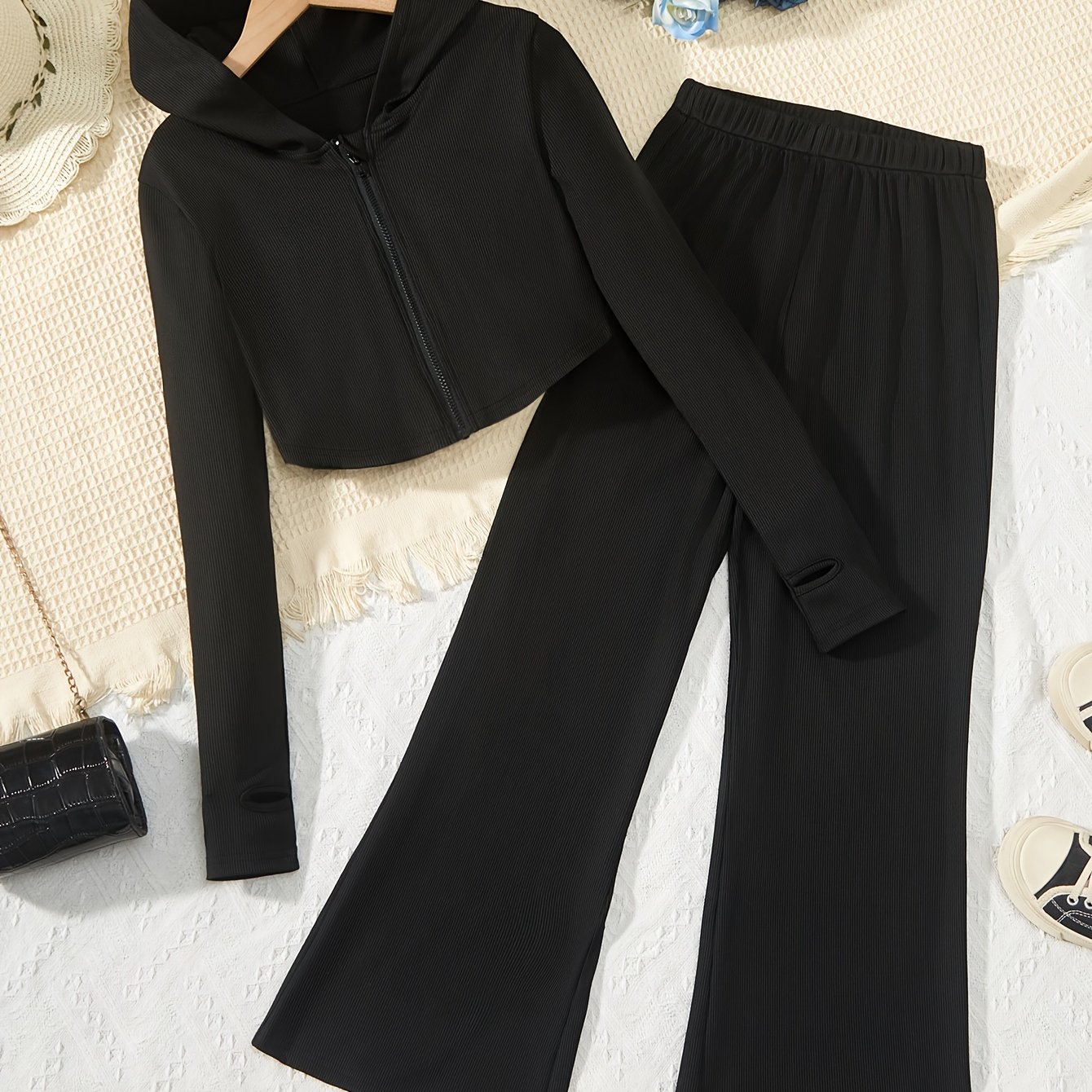 Elegant Girls Slim Outfits 2pc, Zip Hoodies + Loose Fit Flare Pants Kids Clothes.