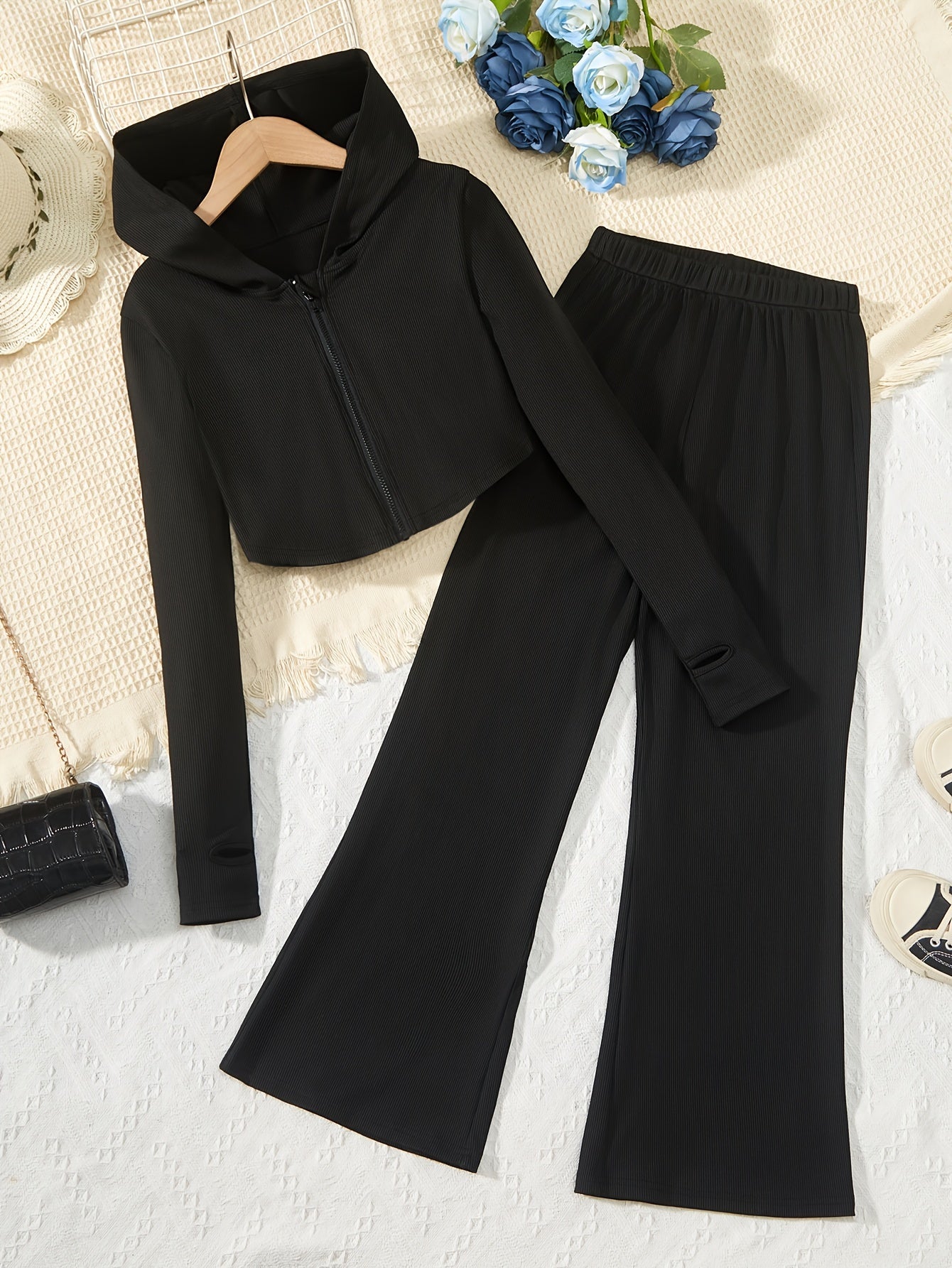 Elegant Girls Slim Outfits 2pc, Zip Hoodies + Loose Fit Flare Pants Kids Clothes.