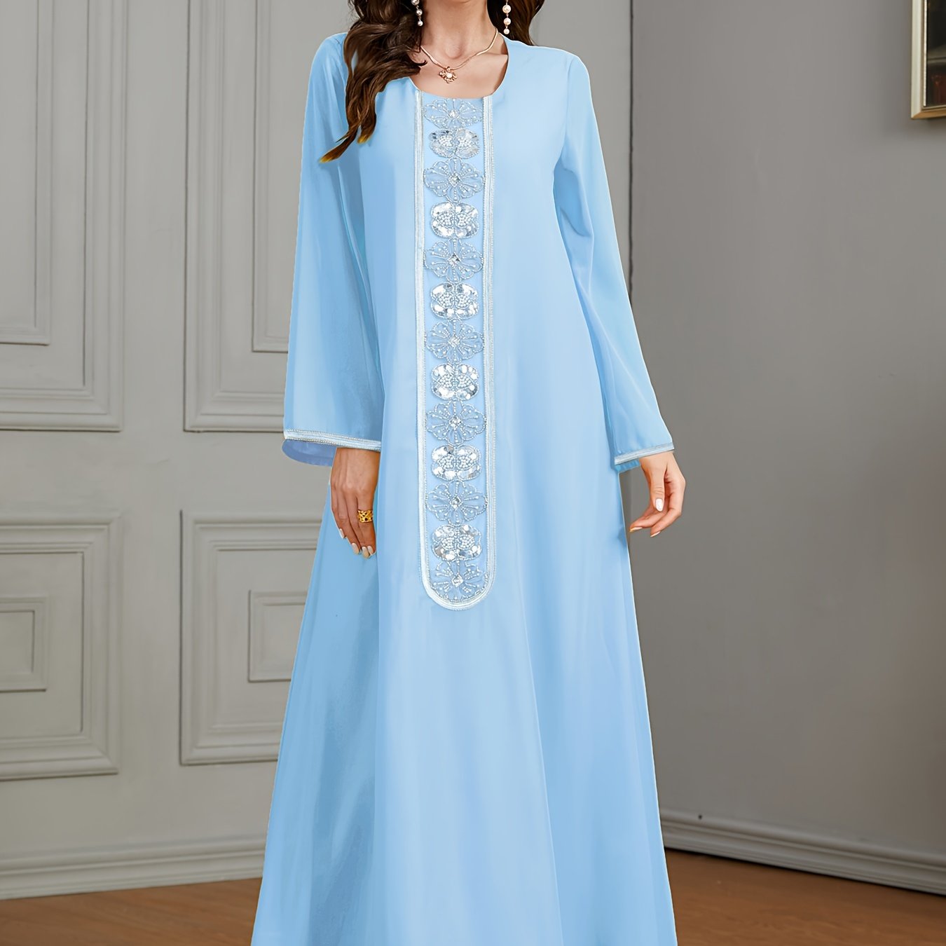 Embroidered Crew Neck Kaftan Dress, Elegant Long Sleeve women fashion '/MH