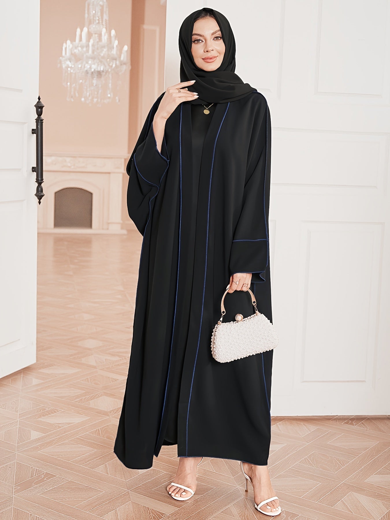 Elegant Contrast Trim Two-piece Set, Open Fron& Khimar Hijab,/MH