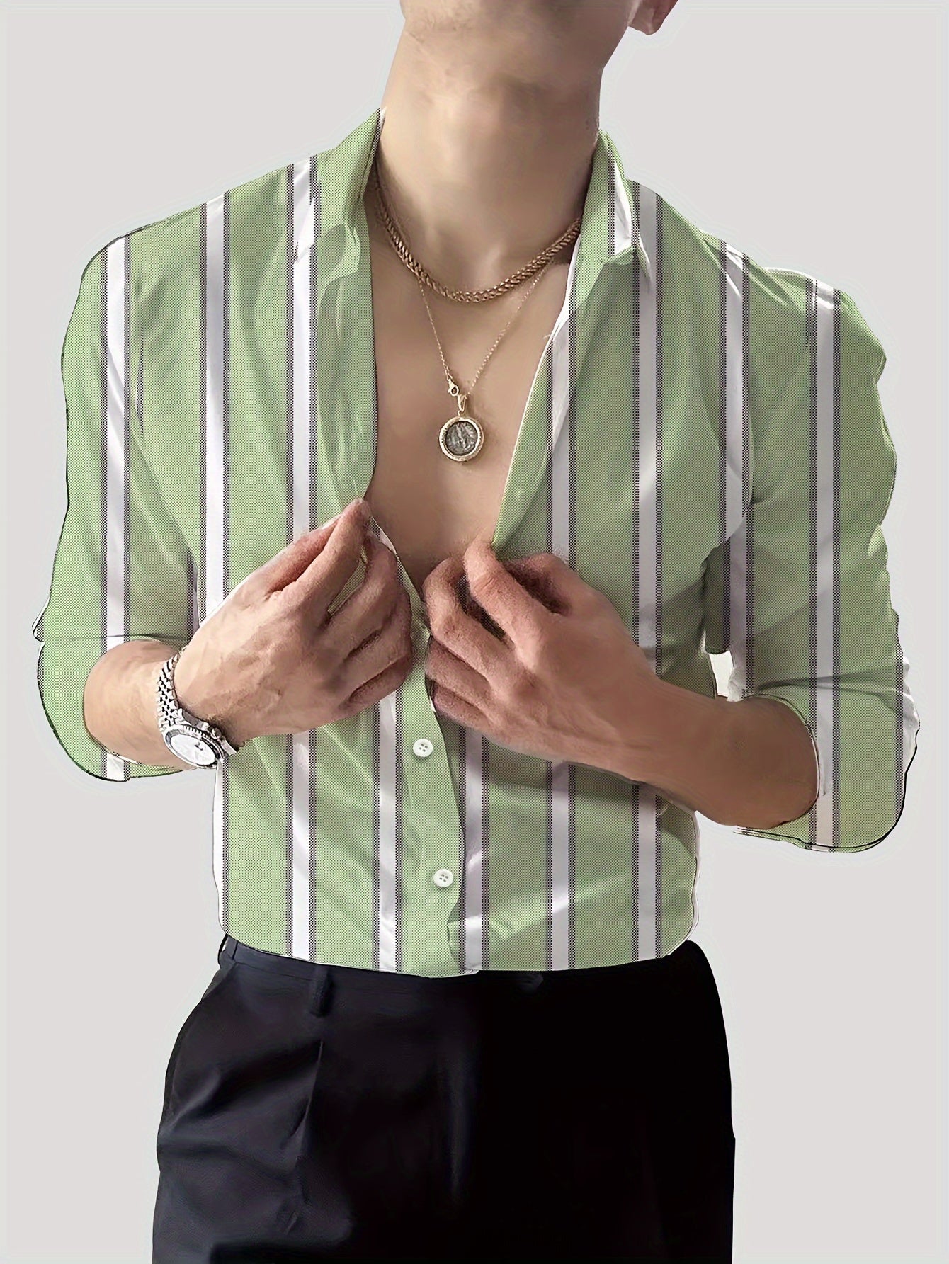 Men's Striped Lapel Collar Dress Shirts, Long Sleeve .