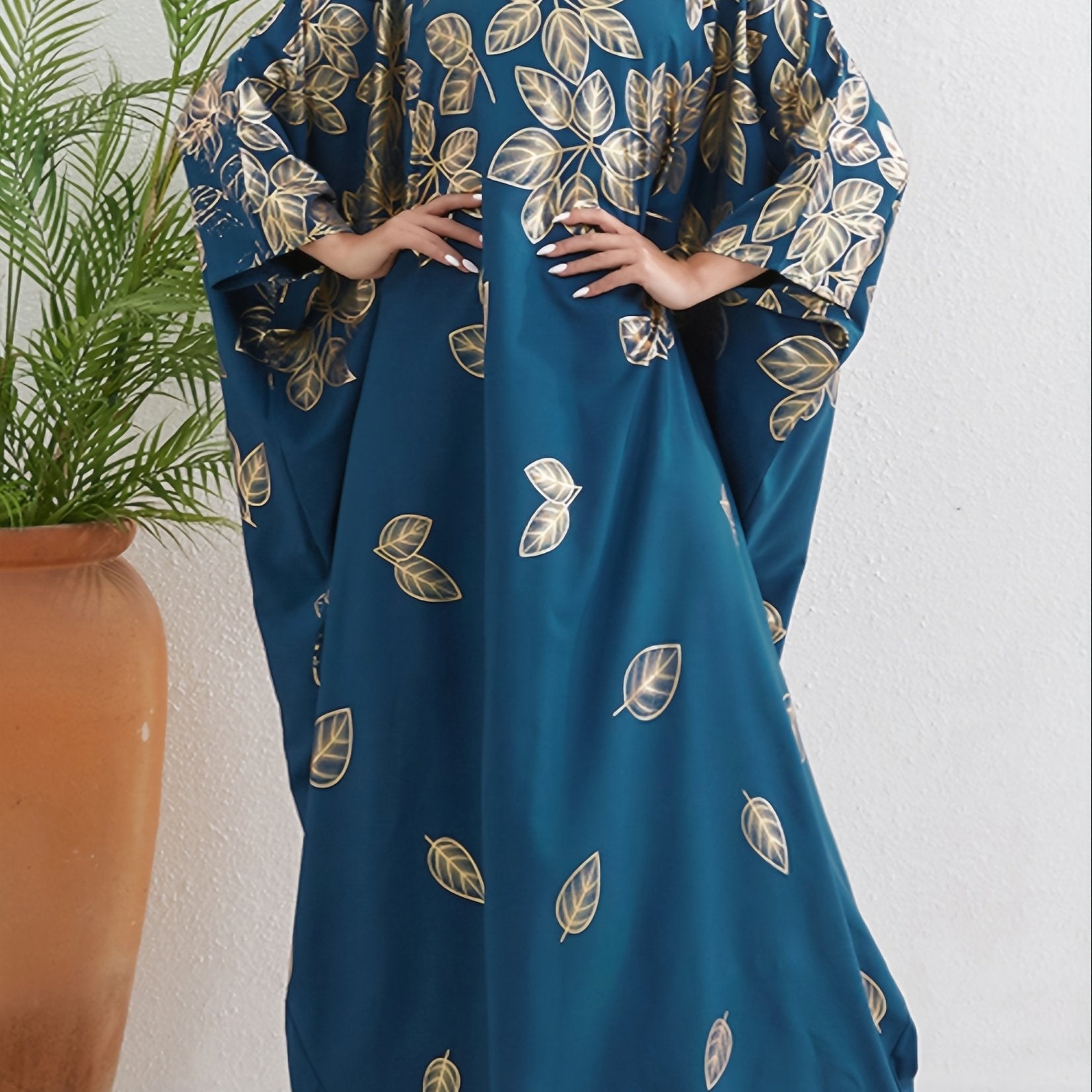 Leaf Print Crew Neck Kaftan, Elegant Batwing Sleeve'/MH