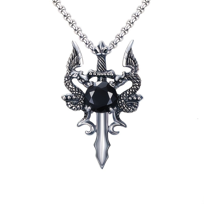 Gothic Knight Double Dragon Cross Sword Pendant Necklace .