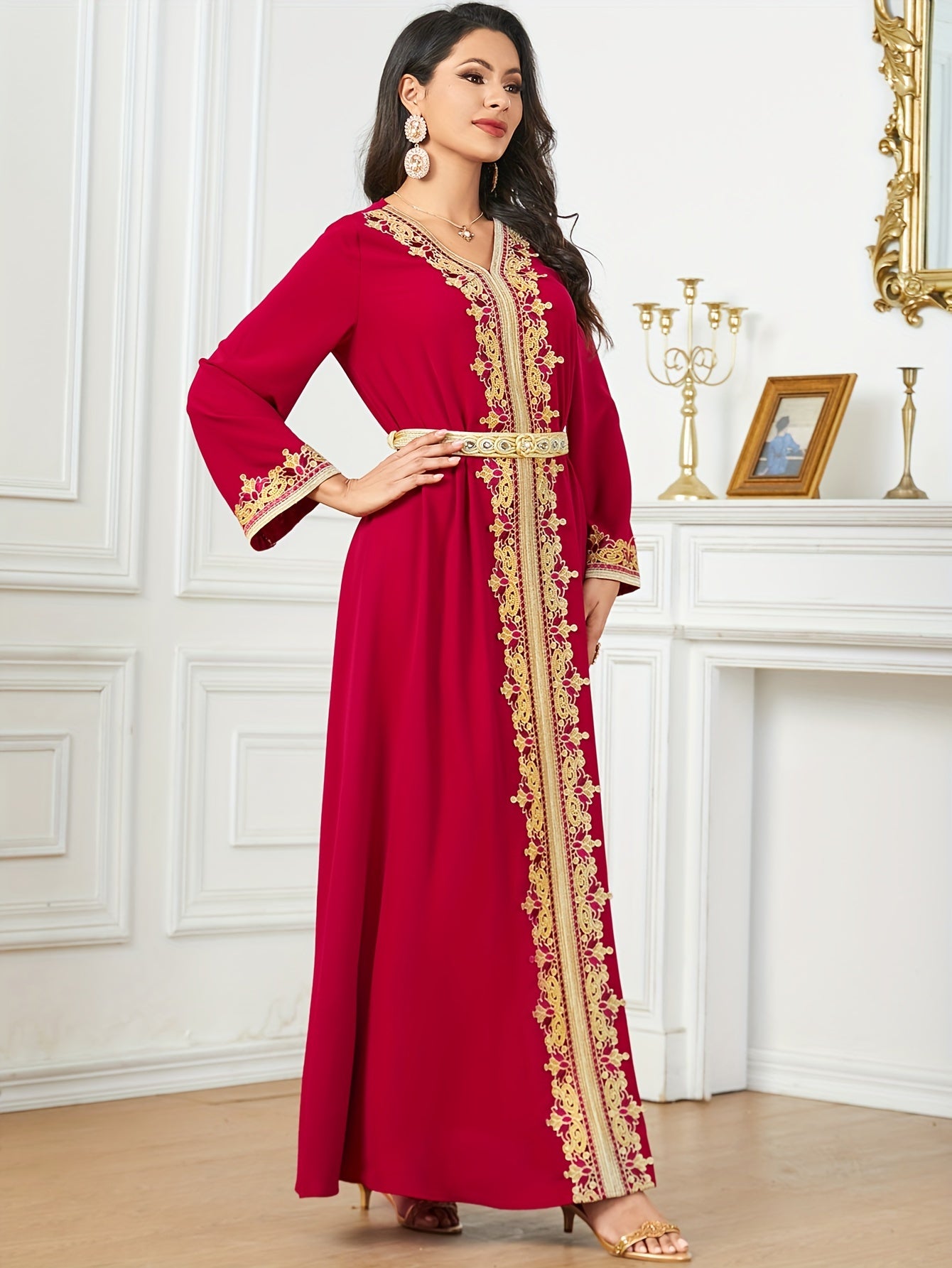 Contrast Lace V-neck Kaftan Dress, Elegant Long Sleeve'/MH