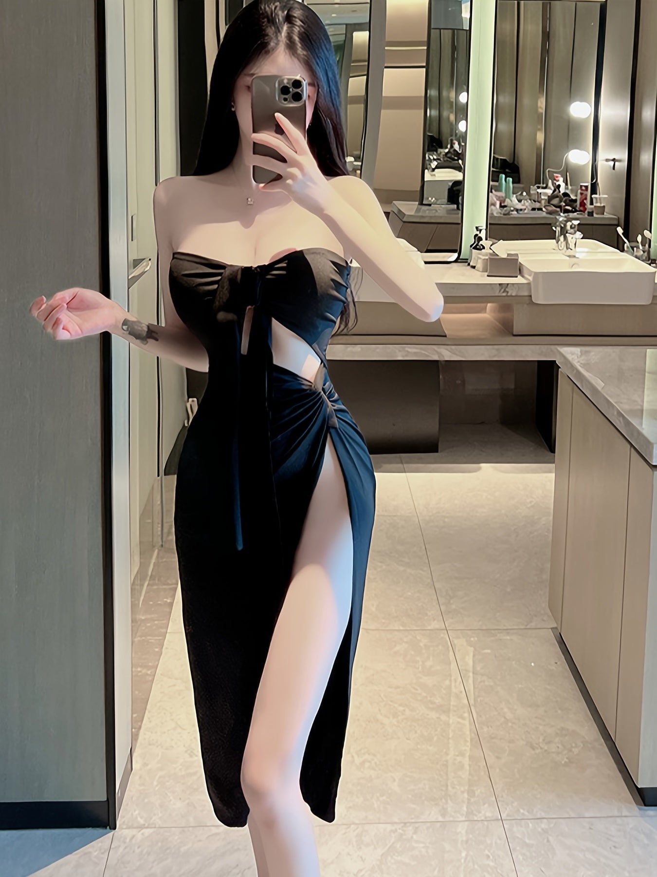 Solid Cut Out Halter Dress, Sexy Side Split Stretchy Backless Dress,