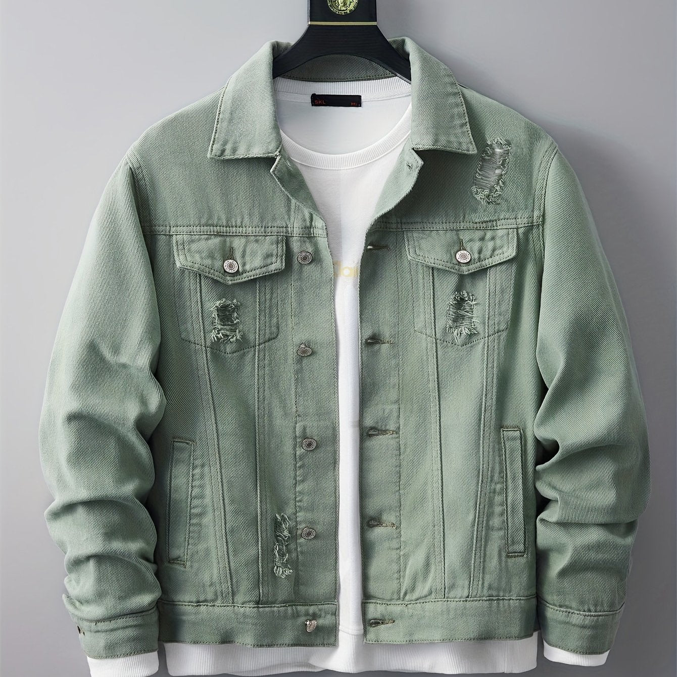 Distressed Ripped Denim Jacket for Men - Stylish Collar,
