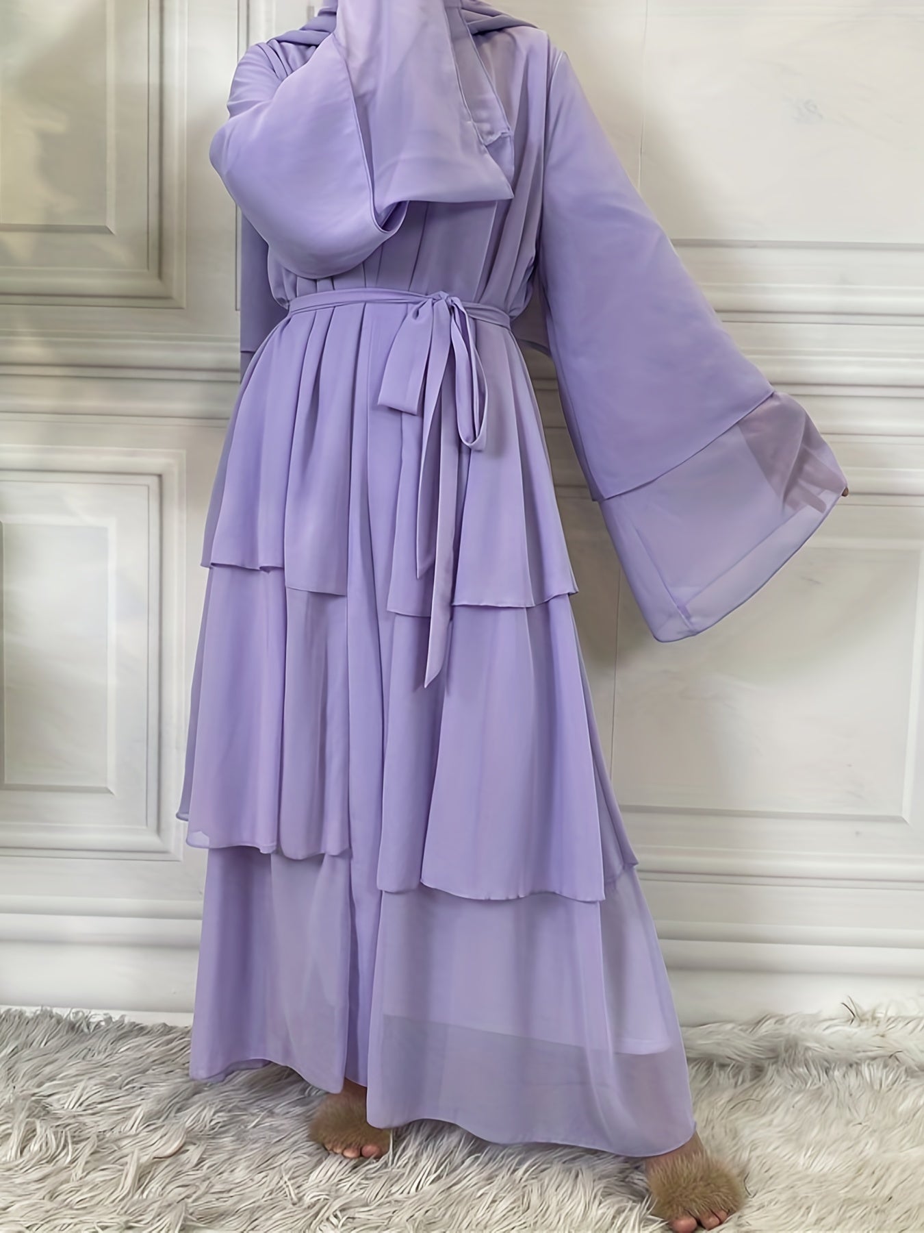 Layered Open Front Modest Dress, Long Sleeve Muslim Dress'/MH