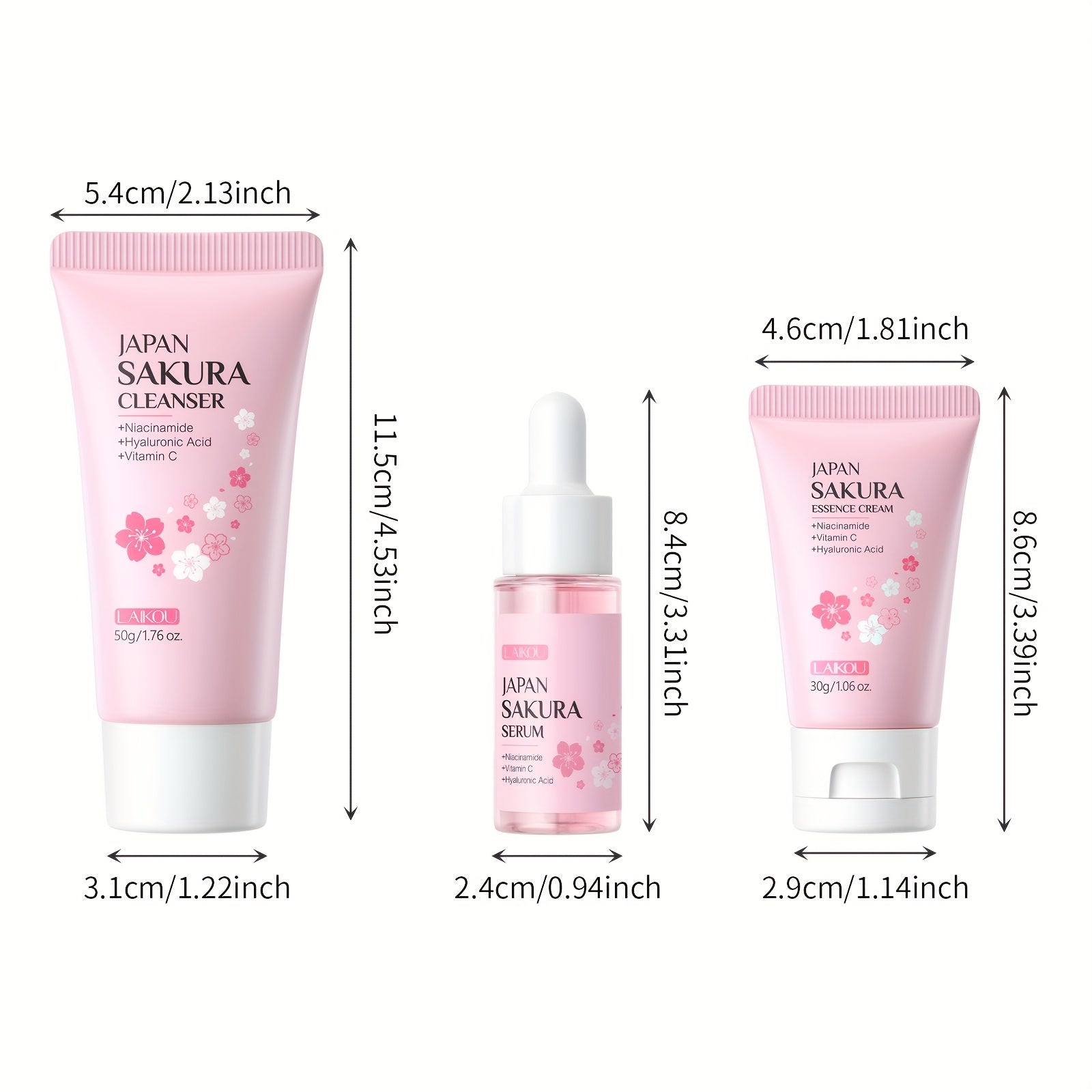 Sakura Cleanser Skin Care Travel Gift Set 3pcs, Face Wash 50g, Serum 17ml, Moisturizer 30g, with Vitamin C, Niacinamide, Hyaluronic Acid