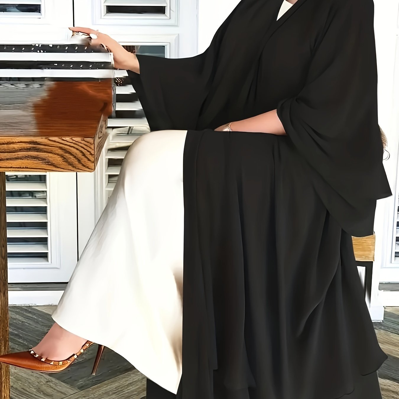 Solid Color Tie Waist Modest Dress, Elegant Layered Hem Maxi '/MH
