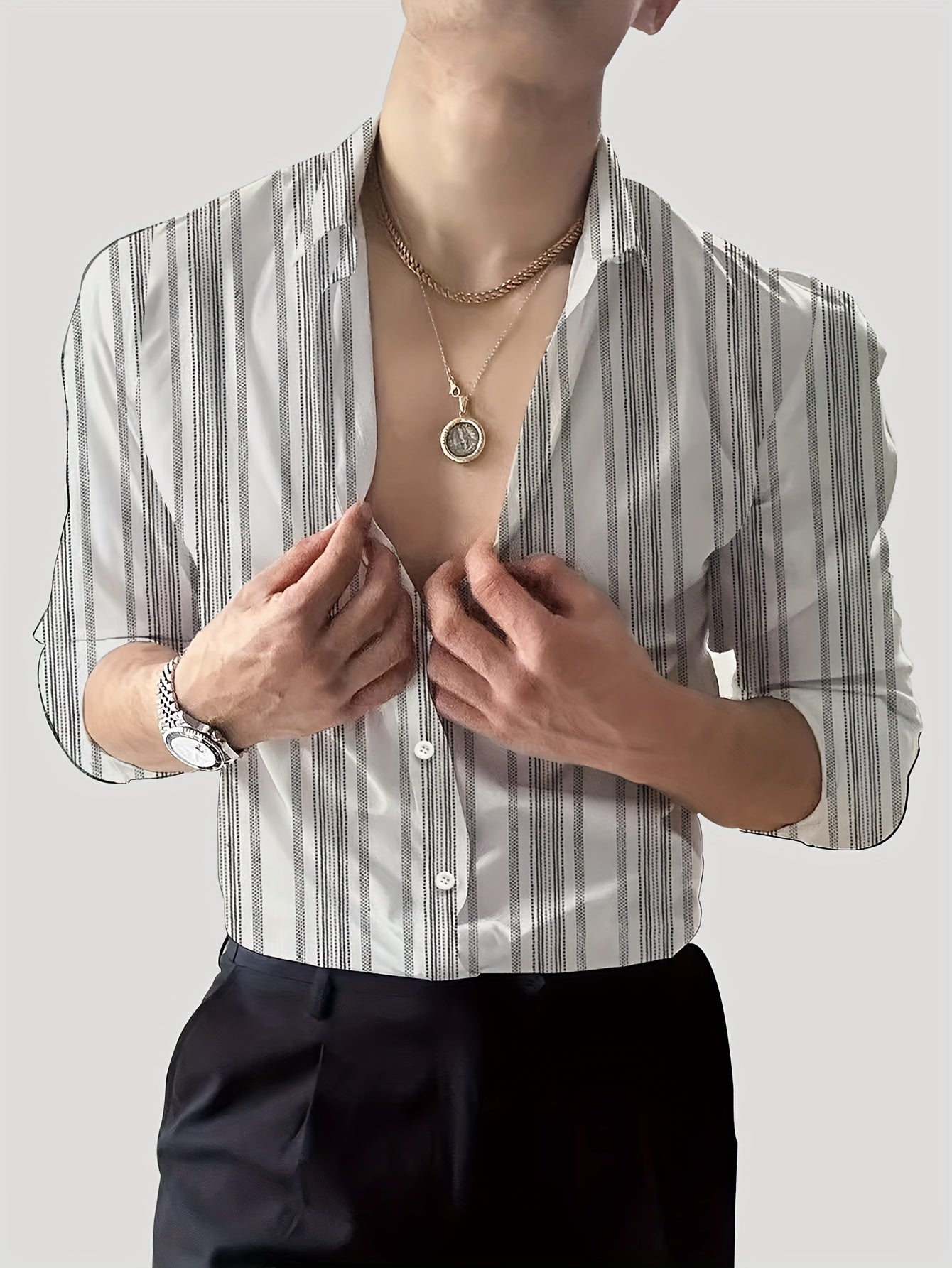 Men's Striped Lapel Collar Dress Shirts, Long Sleeve .