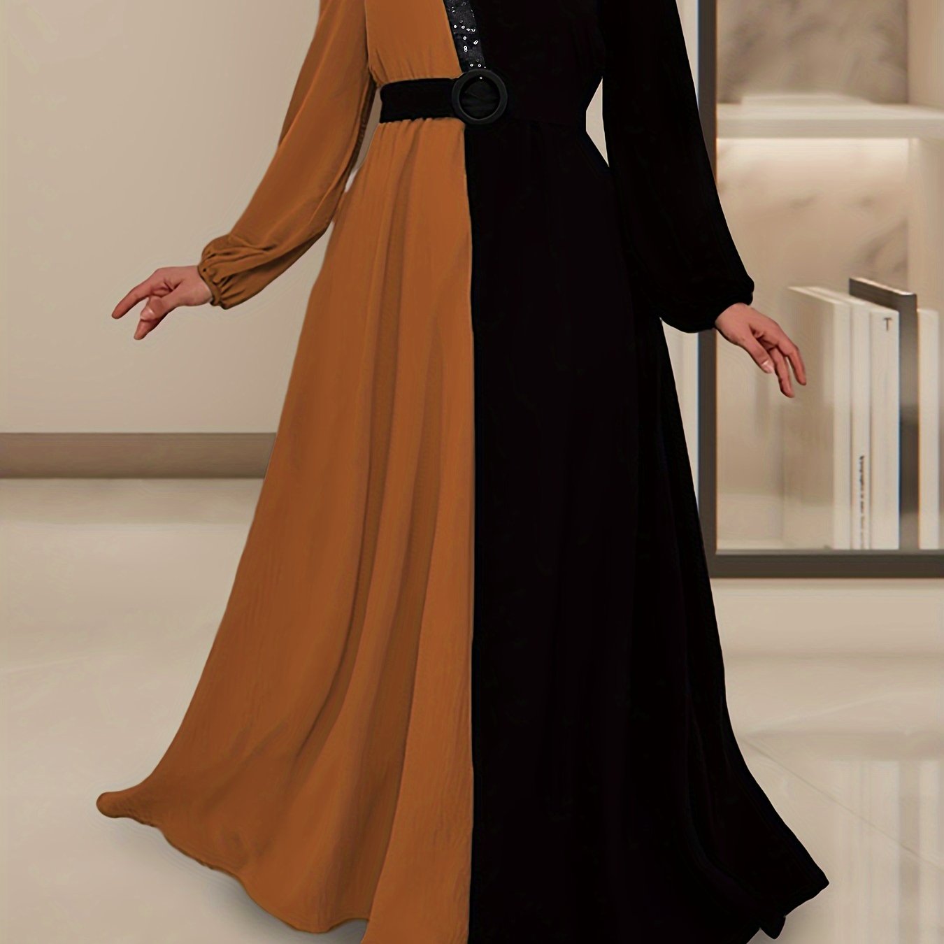 Color Block Long Sleeve Kaftan Dress, /MH