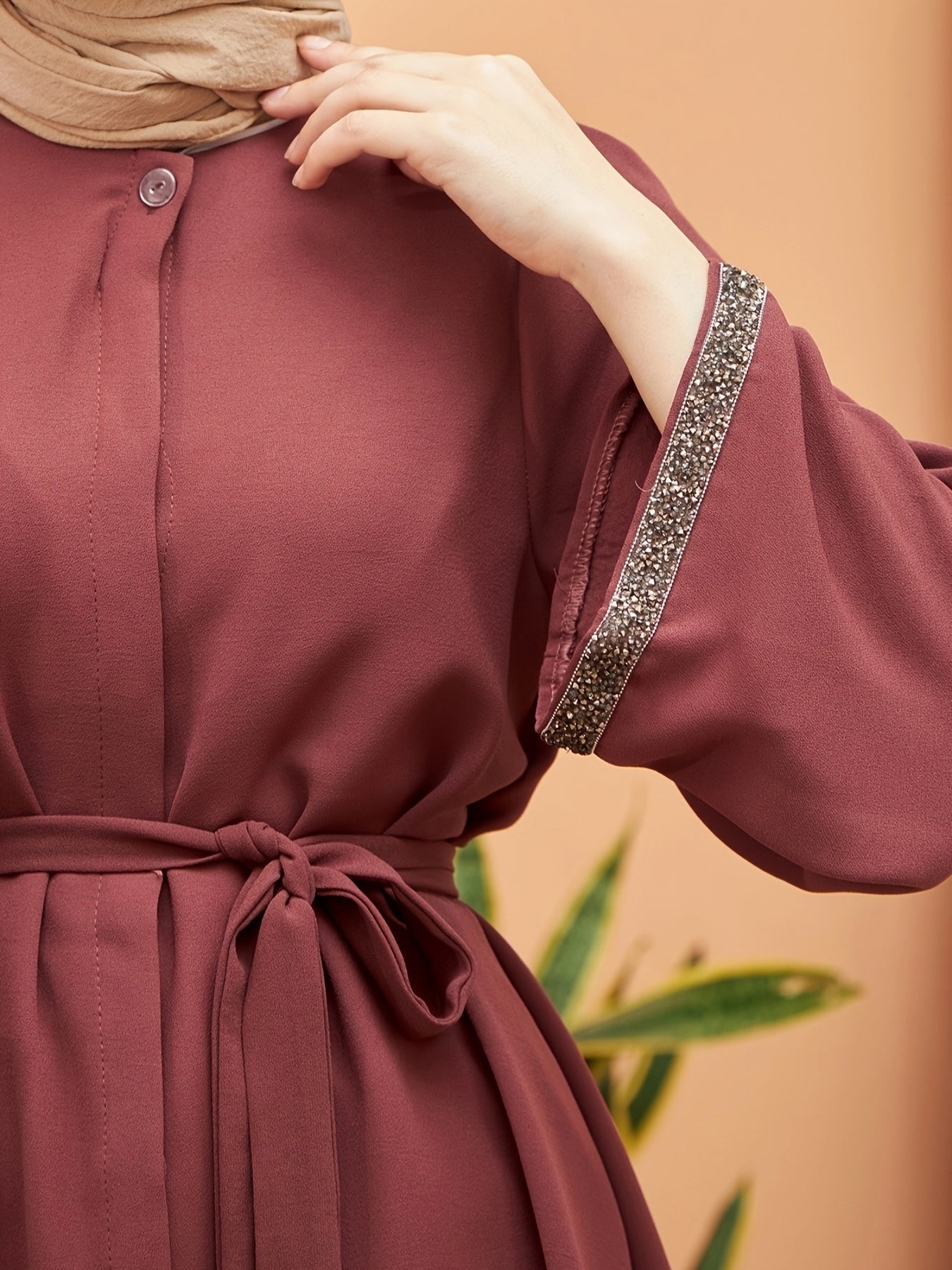 Contrast Trim Belted Button Front Kaftan Shirt, /MH
