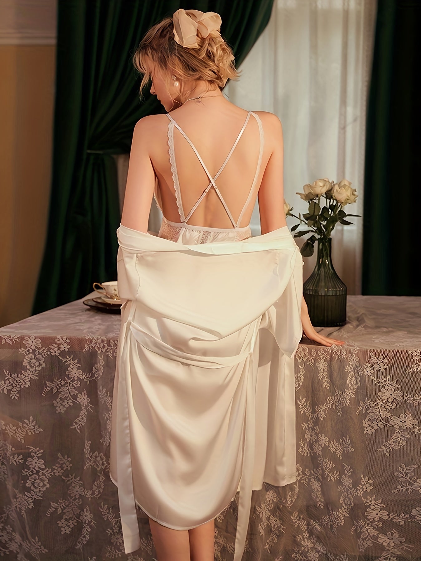 Elegant 4-Piece Lingerie Robe Set, Includes Kimono, Waist Belt, MH