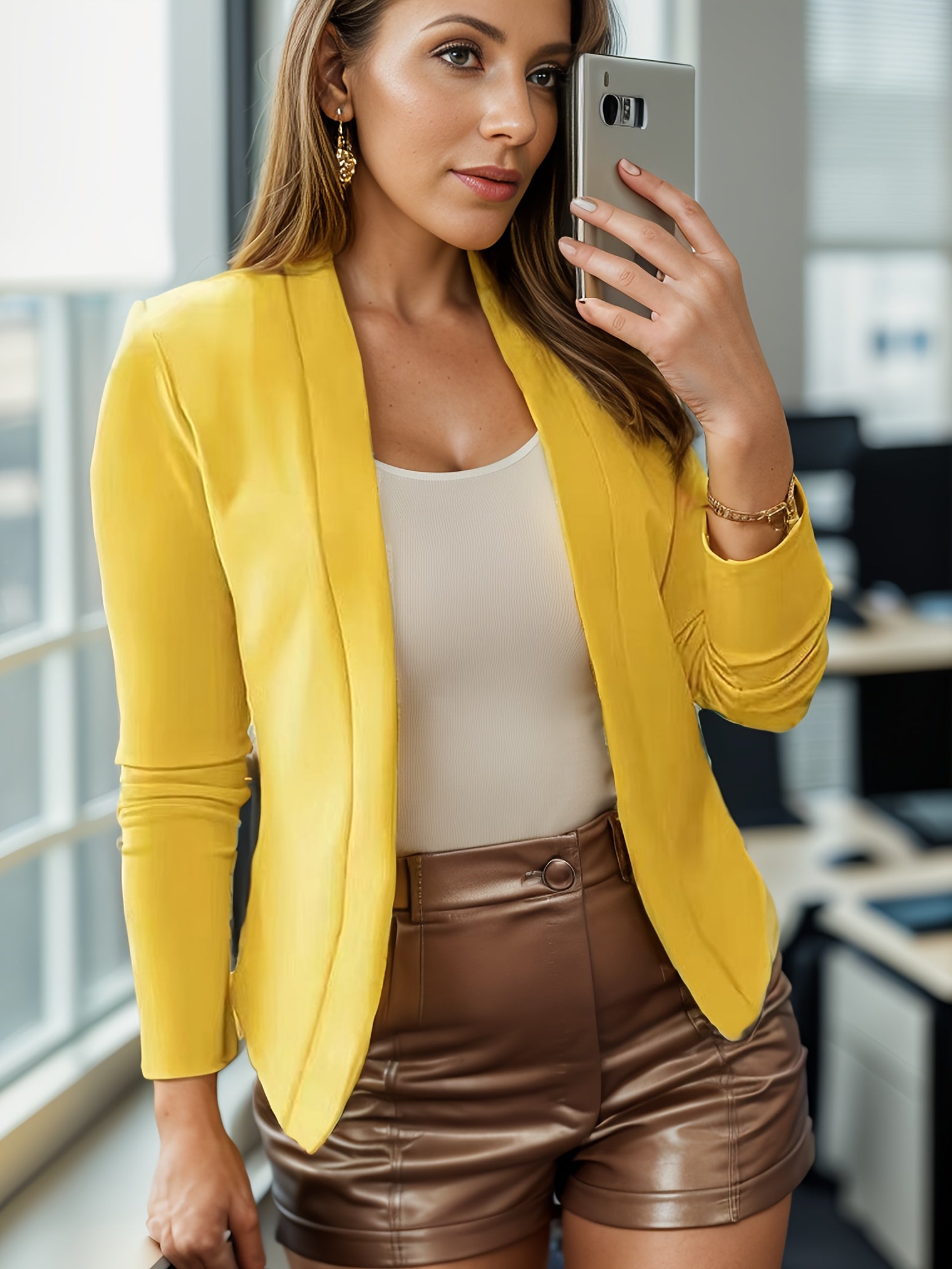 Solid Lapel Blazer, Casual Long Sleeve Blazer For Office & Work,