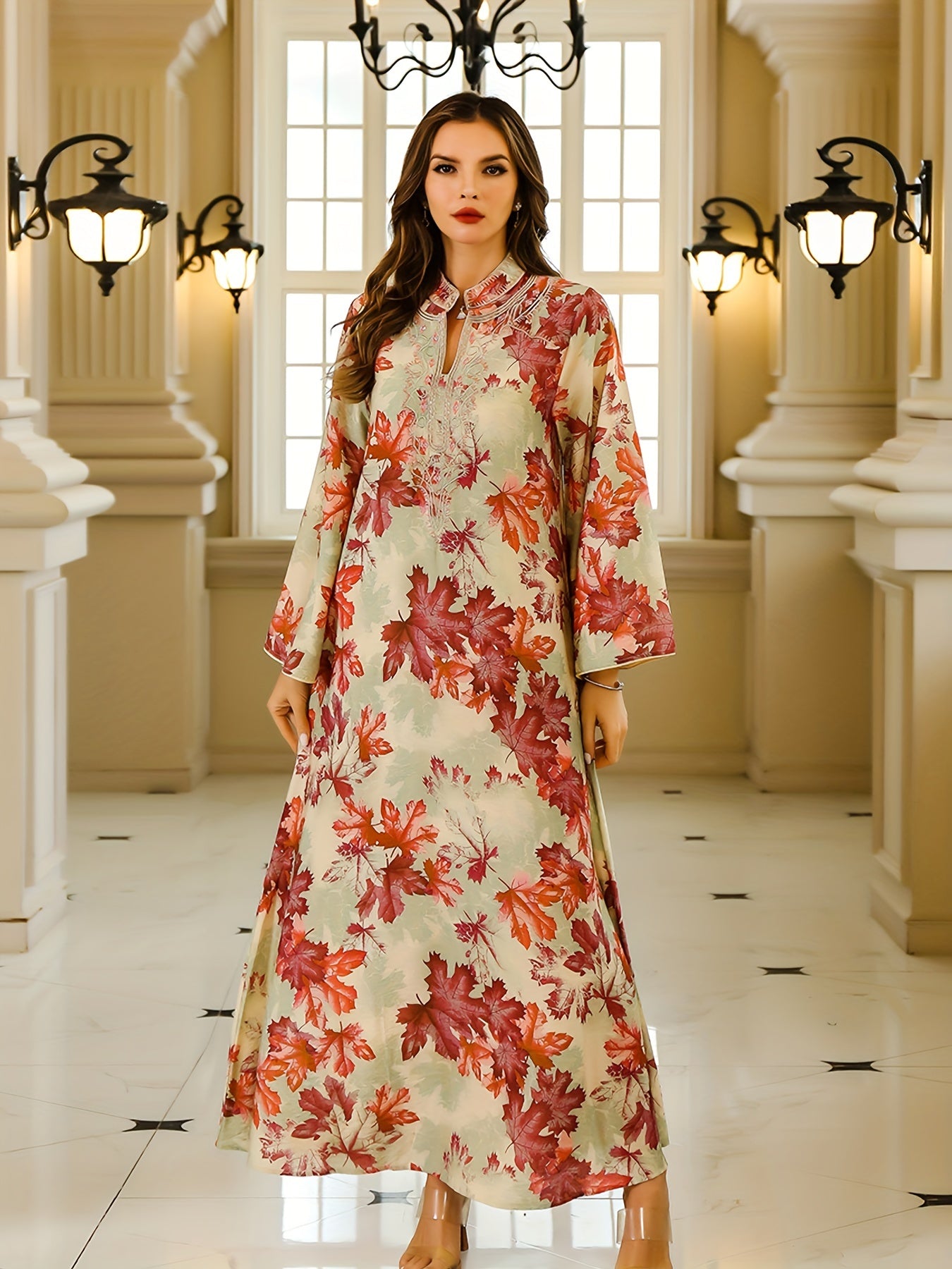 Maple Print Tie Neck Kaftan Dress, Elegant Long Sleeve 'MH