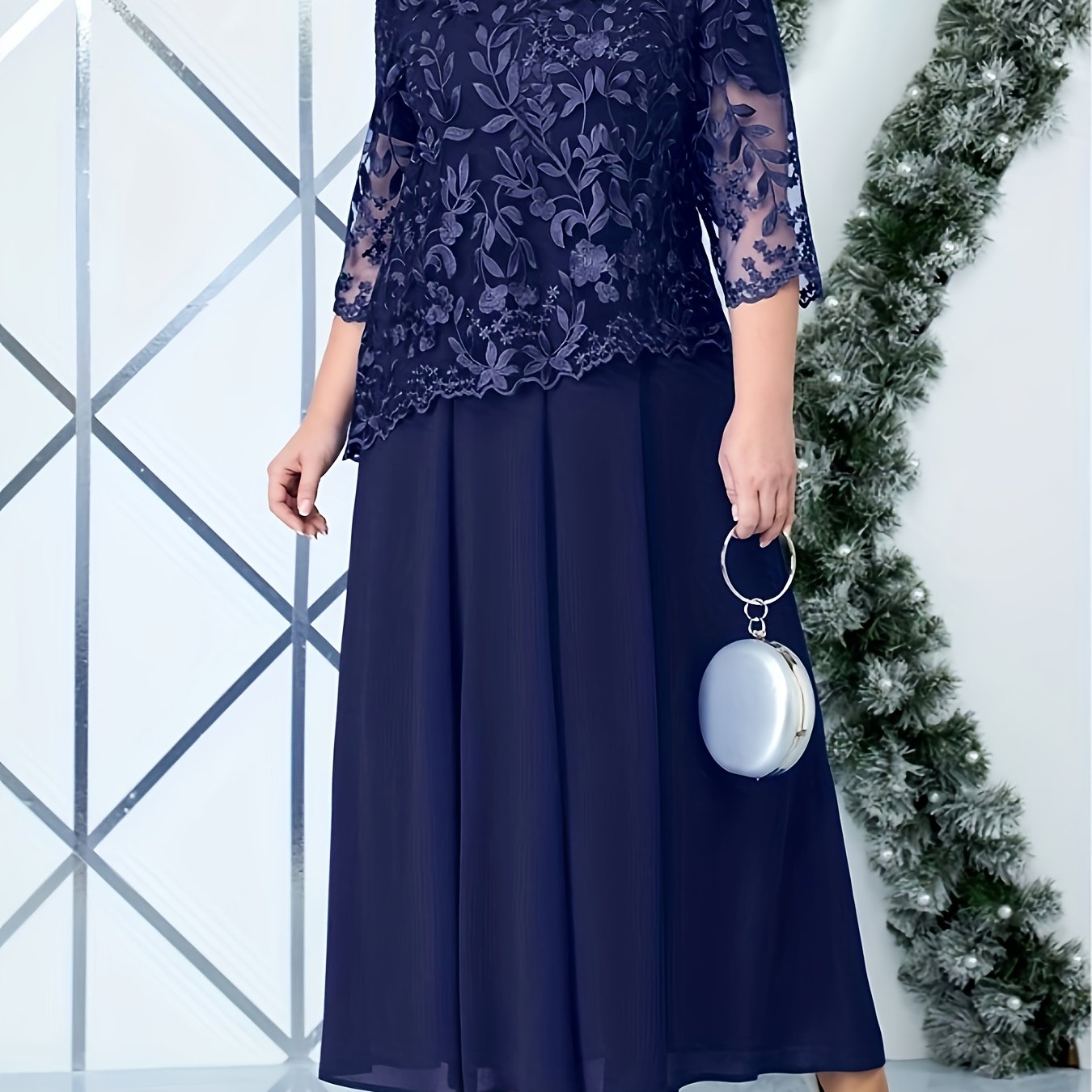 Plus Size Elegant Embroidered Lace Midi Dress for Women - ./MH