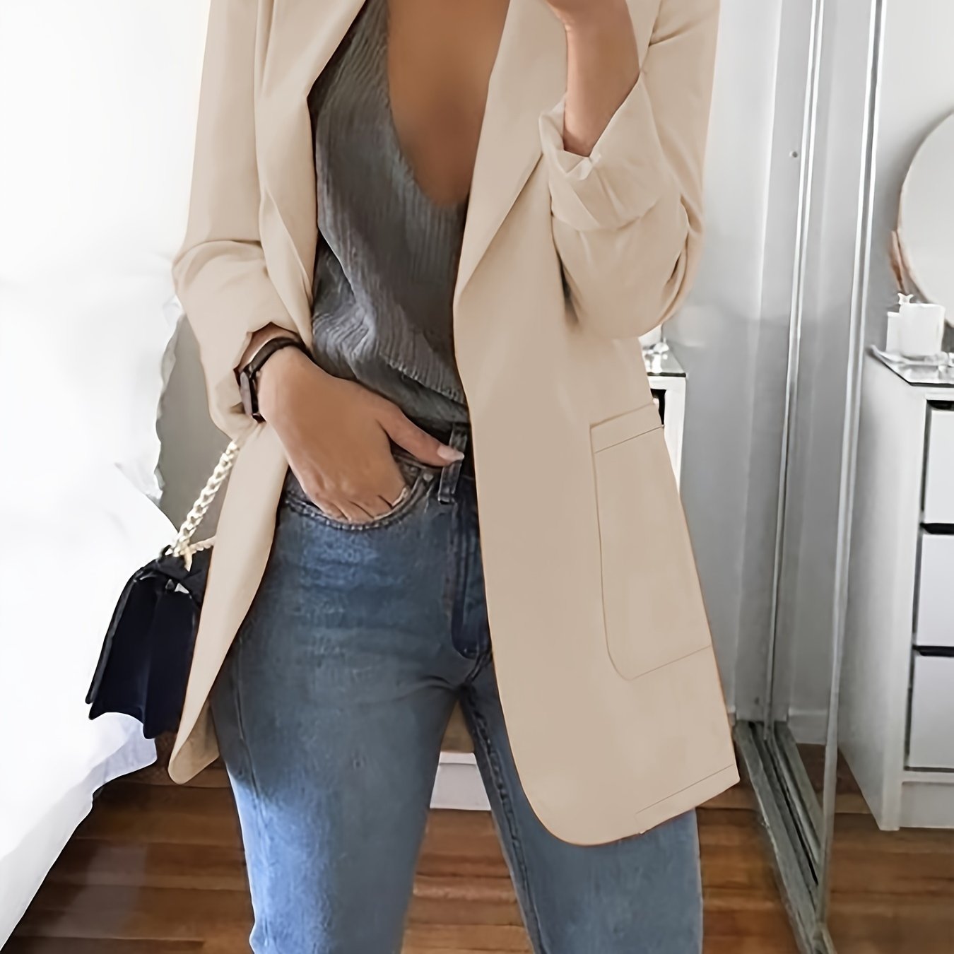 Solid Open Front Blazer, Elegant Lapel Long Sleeve Blazer.