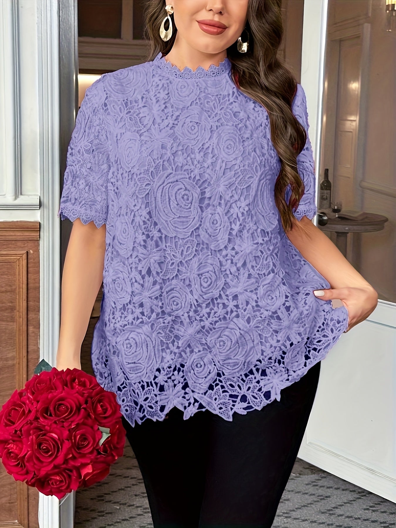 [Elegant Blouse] Elegant Green Lace Plus Size Blouse for Women |